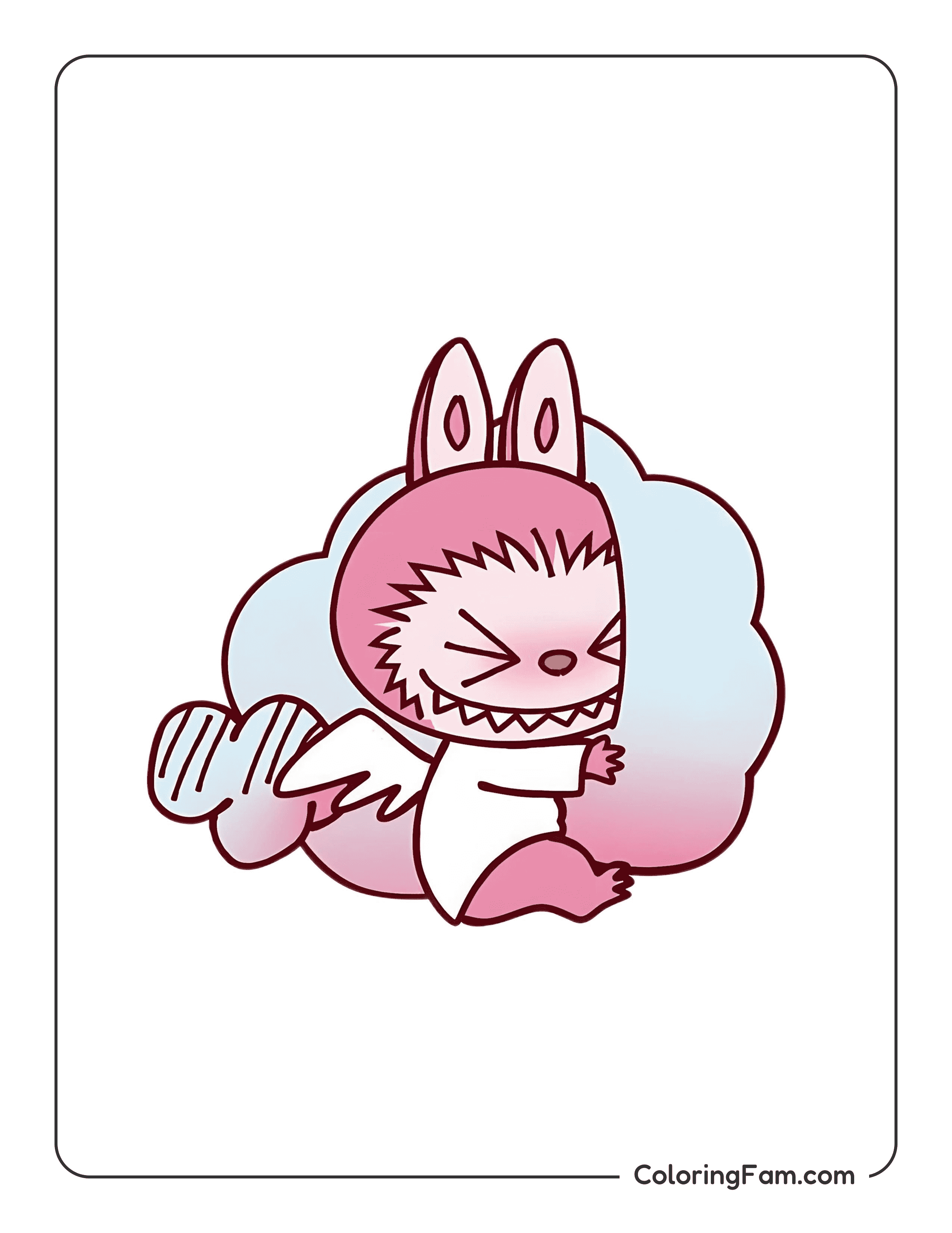Labubu angel hugging a fluffy cloud colored coloring page