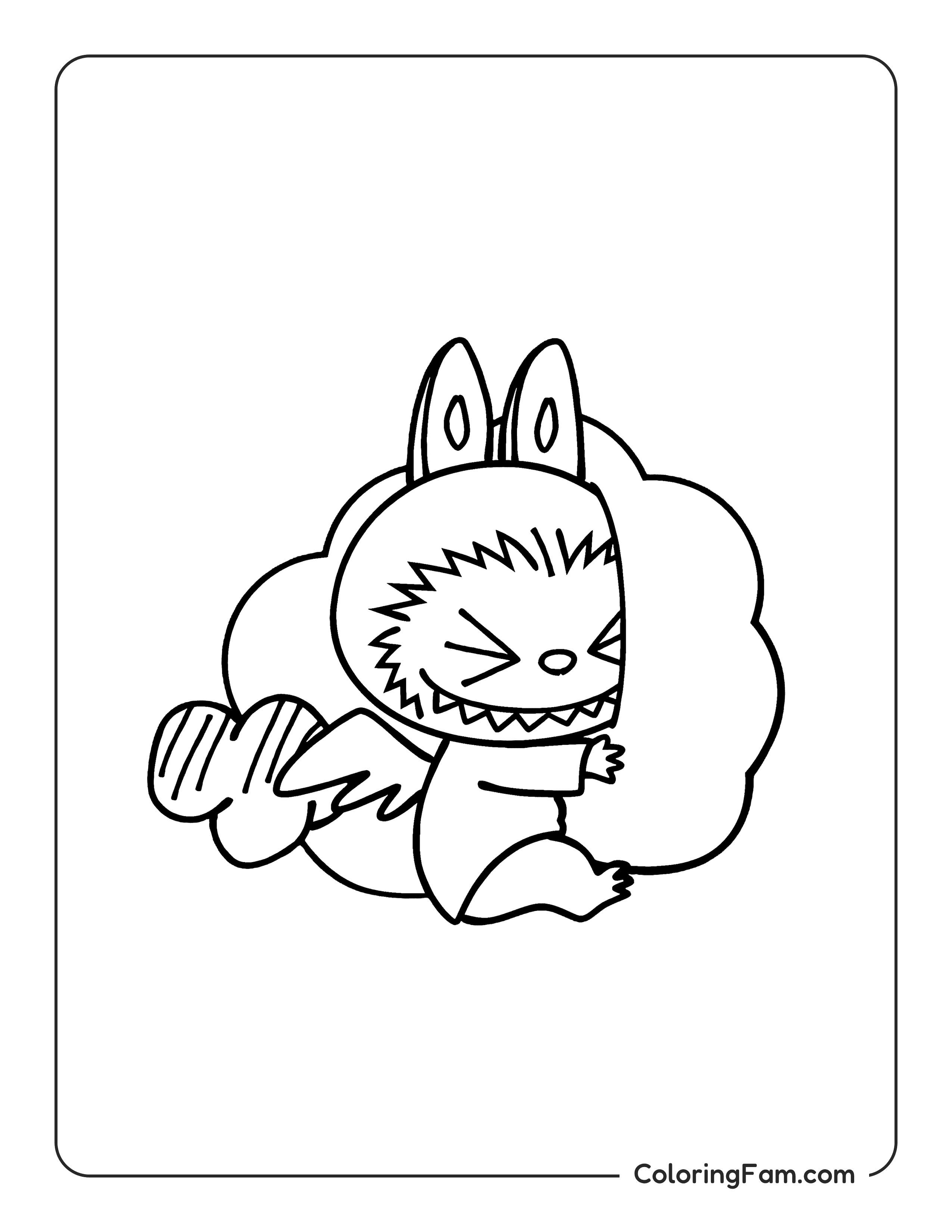 Labubu angel hugging a fluffy cloud coloring page