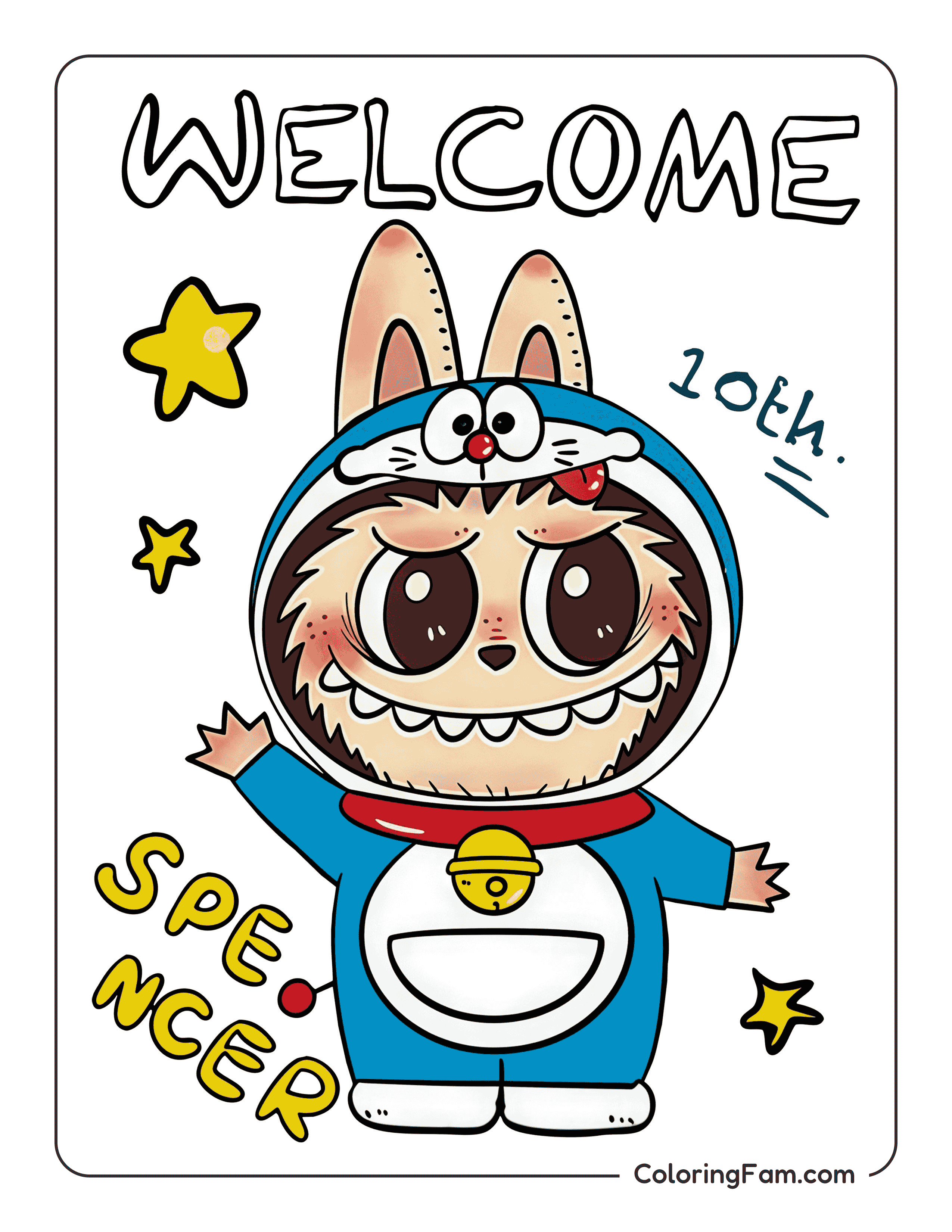 Labubu dressing as Doraemon colored coloring page