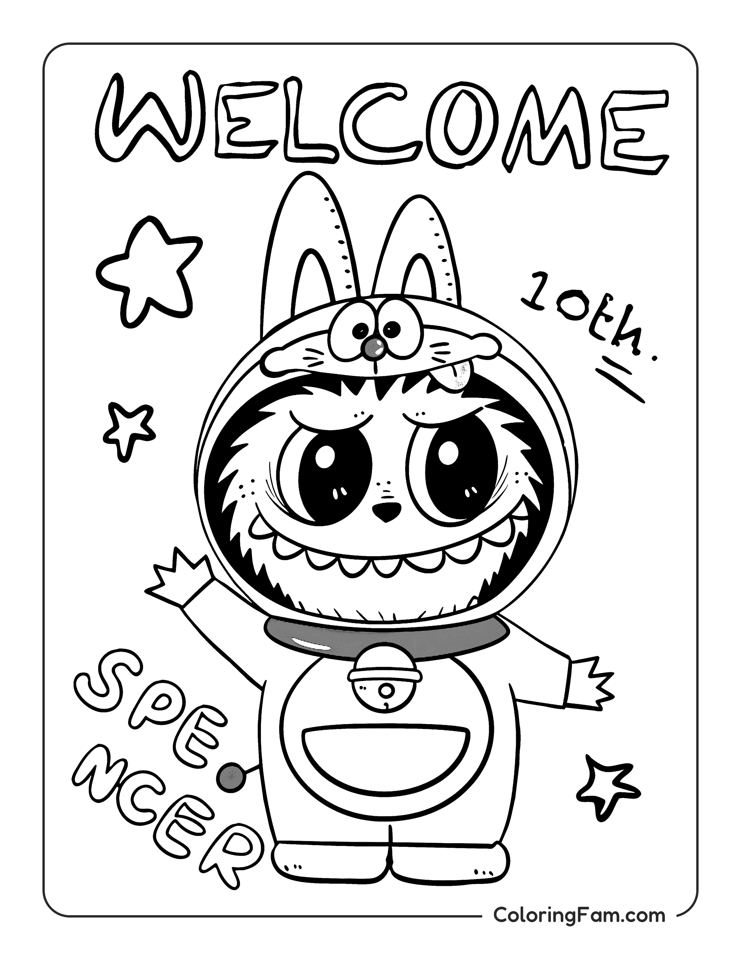 Labubu dressing as Doraemon coloring page