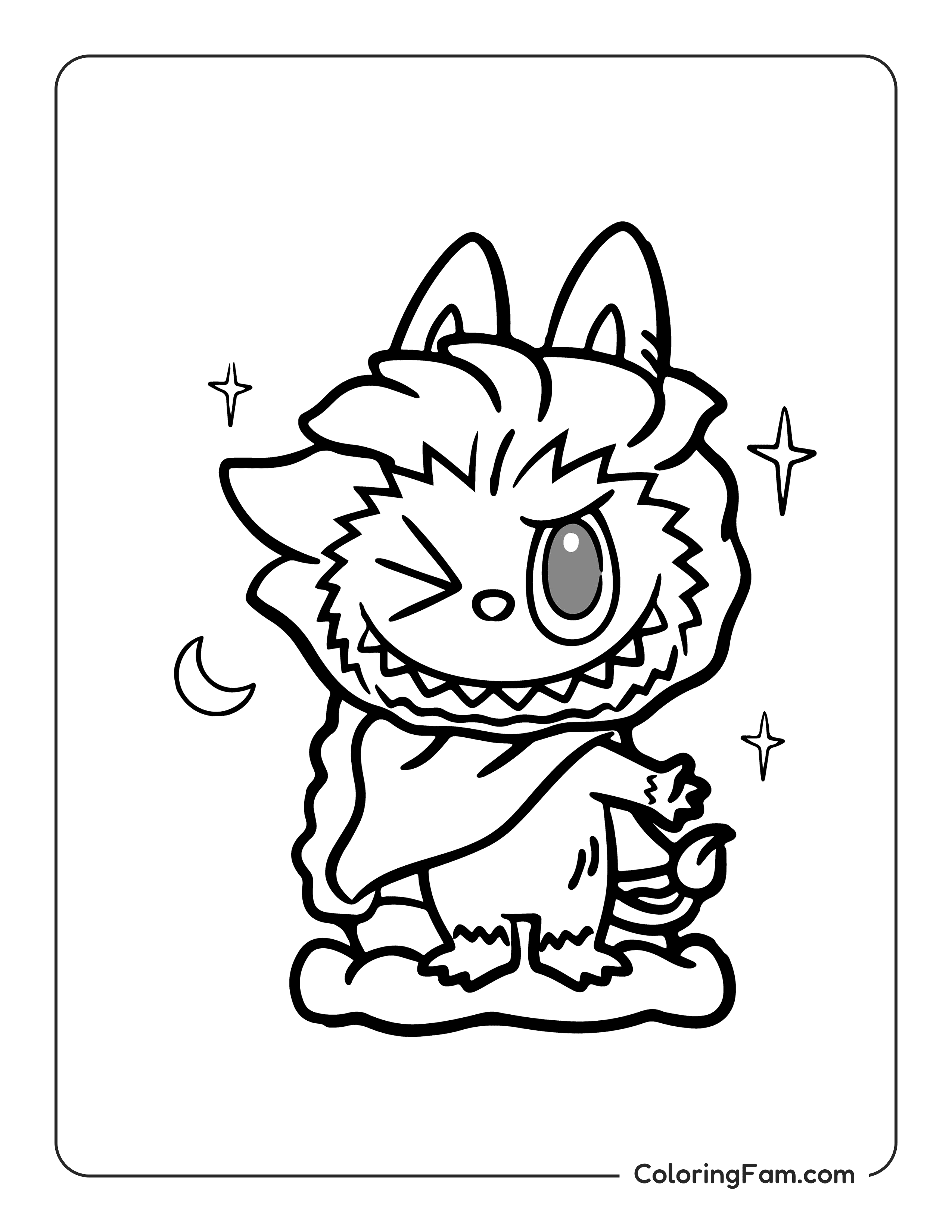 Labubu dressing as a Leo lion coloring page