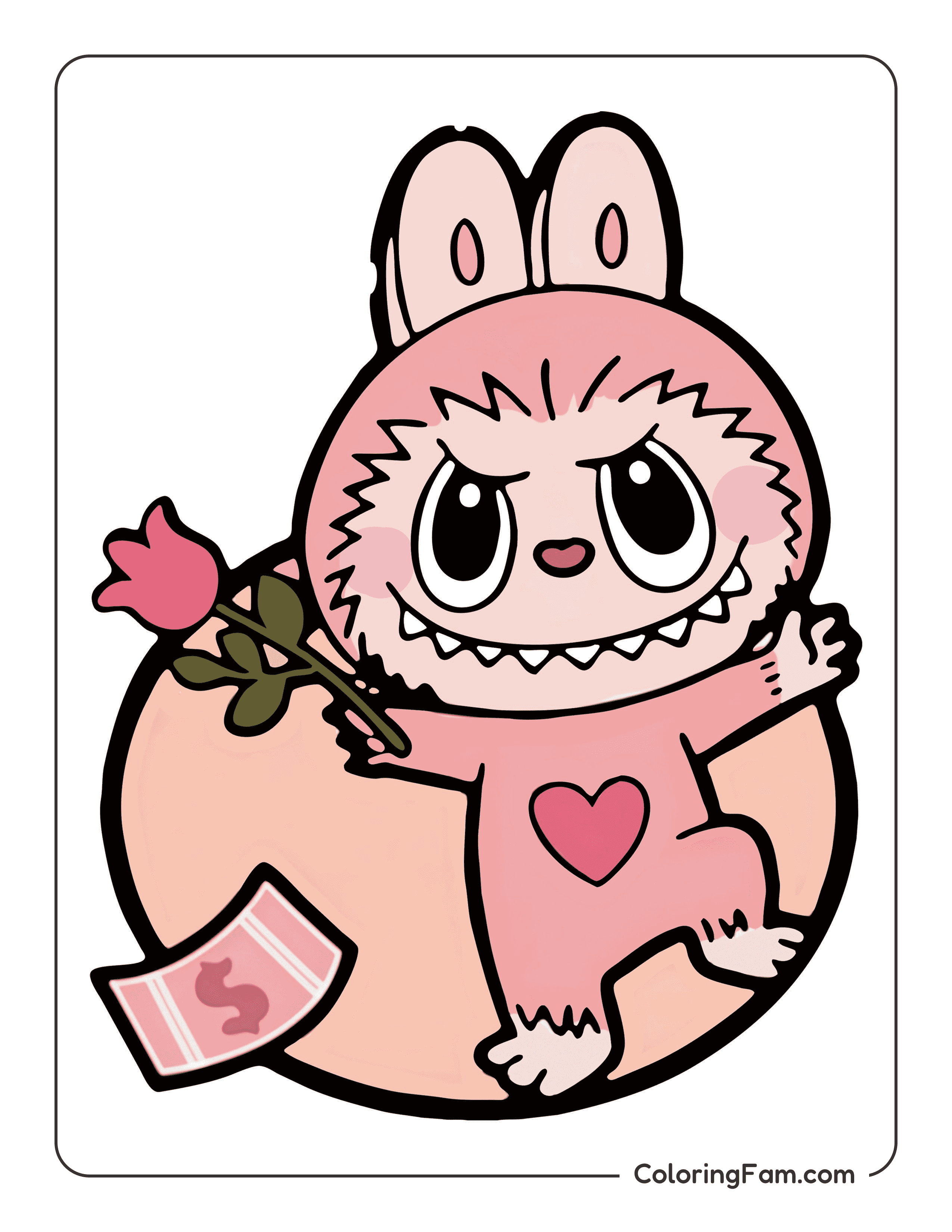 Labubu holding a rose for Valentine's Day colored coloring page