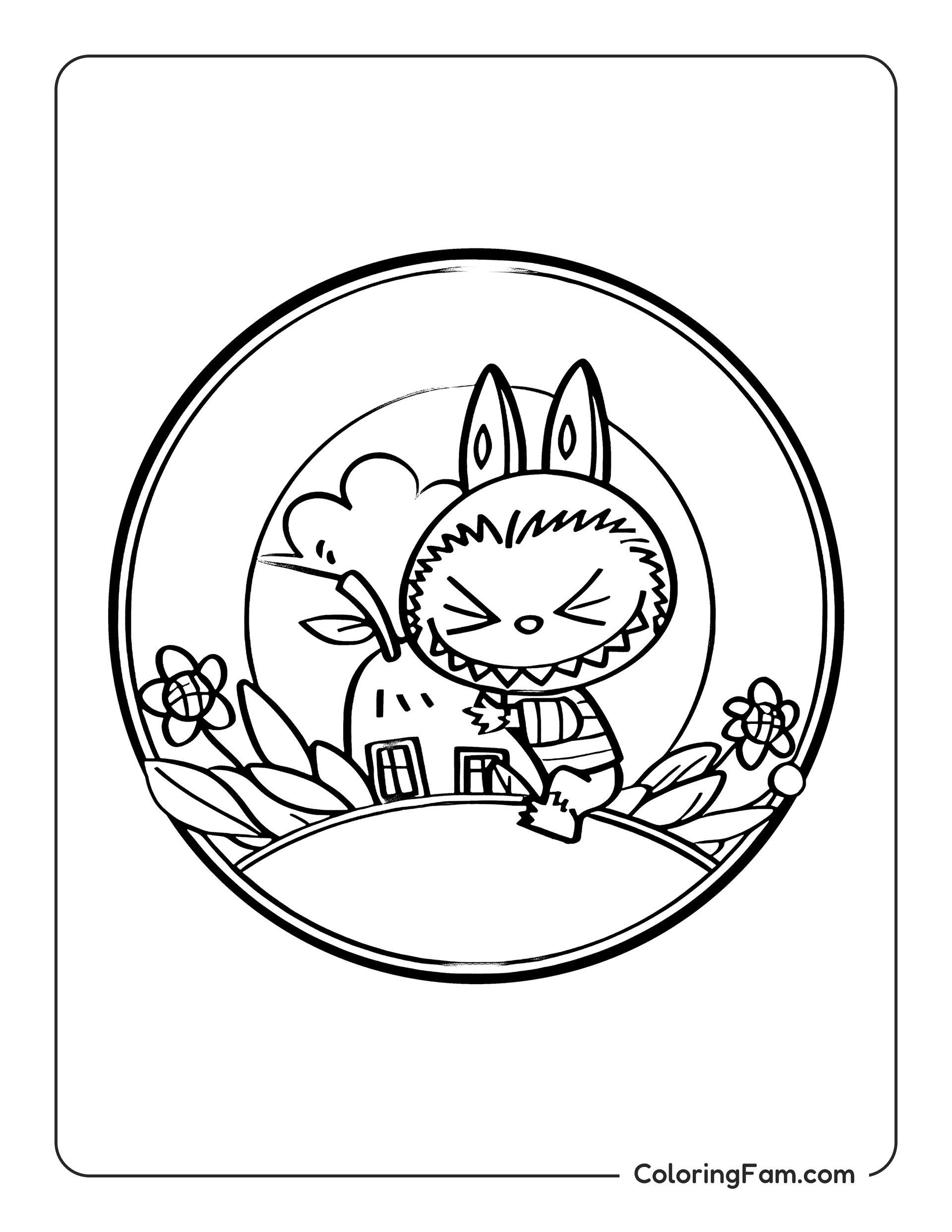 Labubu hugging a large carrot house coloring page