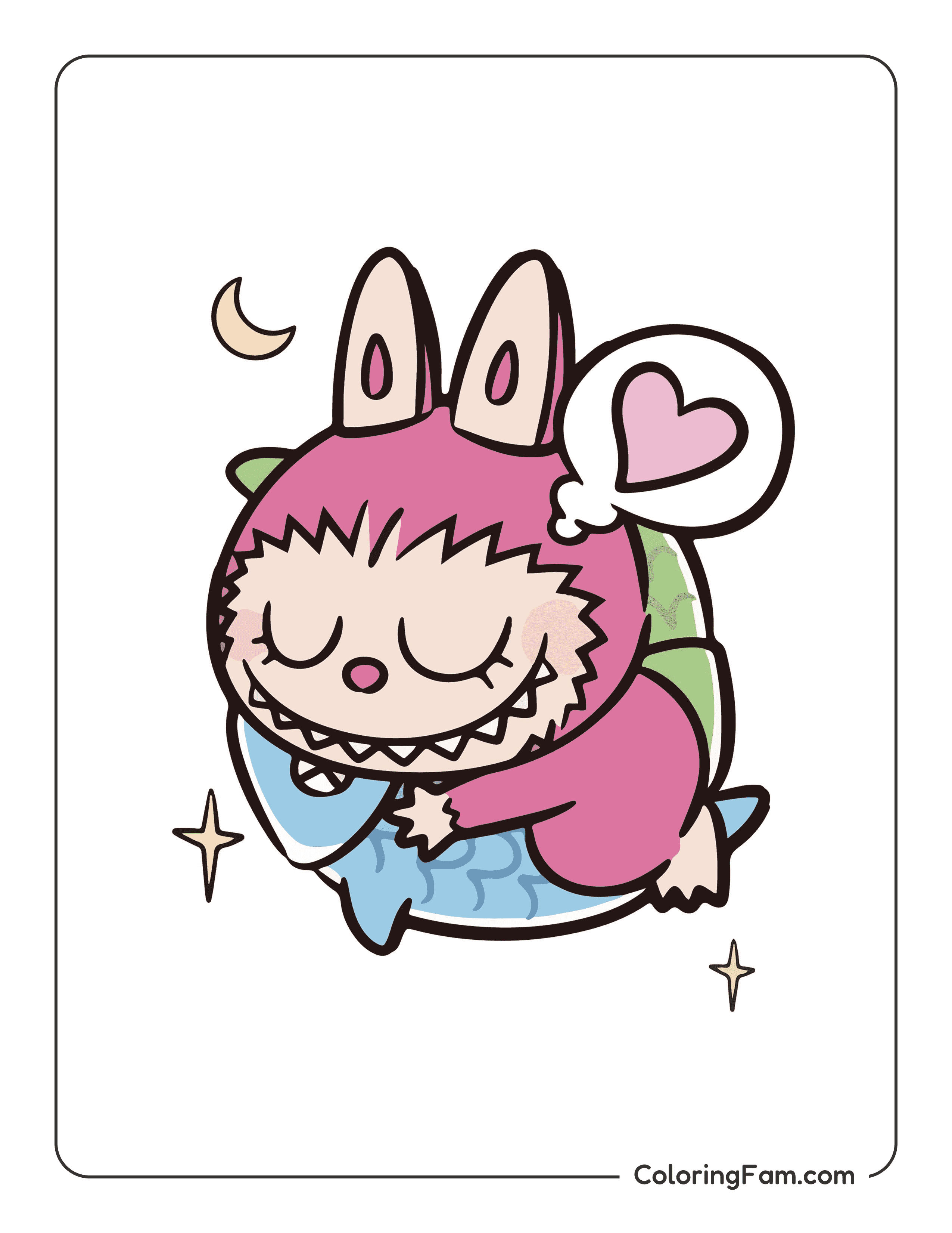 Labubu hugging fish having sweet dreams colored coloring page