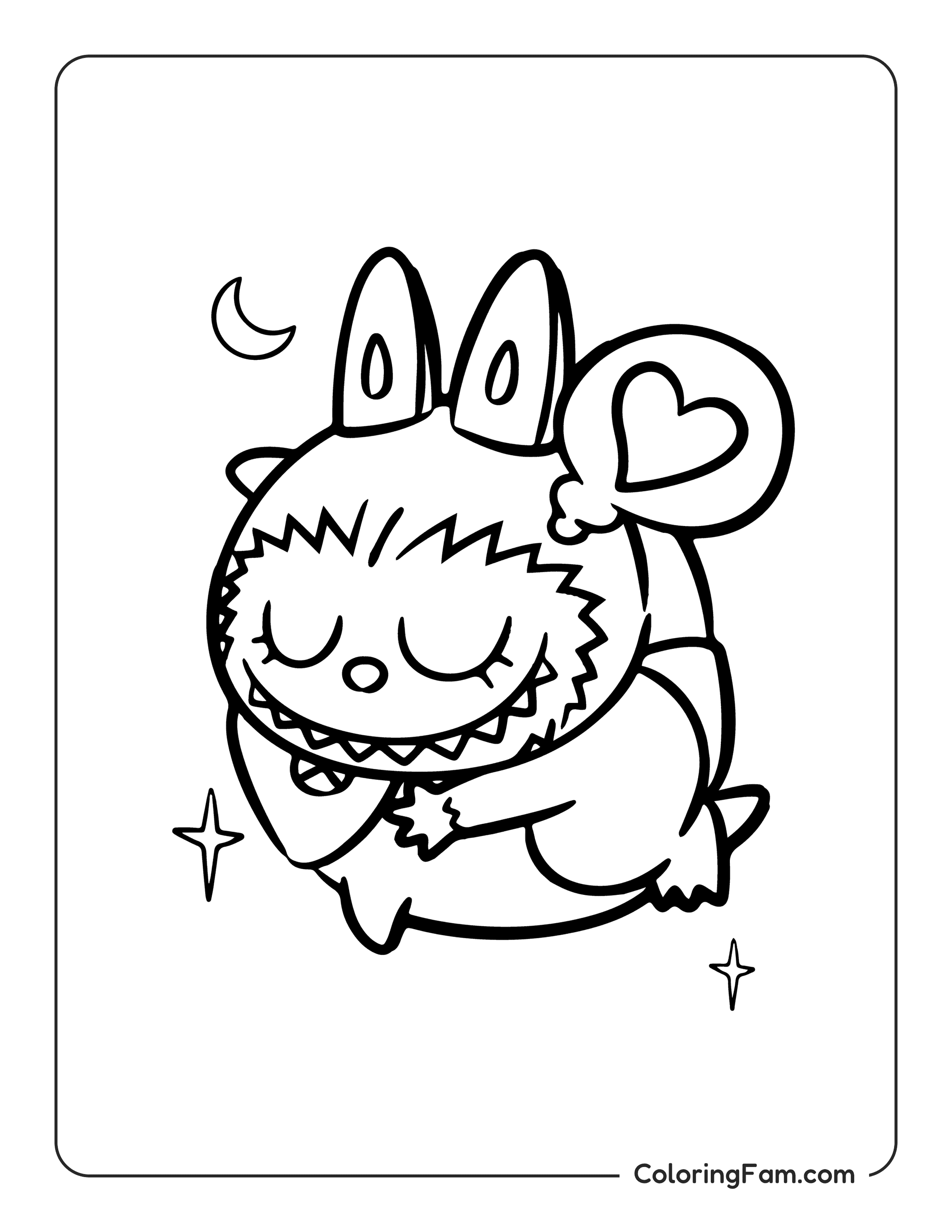 Labubu hugging fish having sweet dreams coloring page