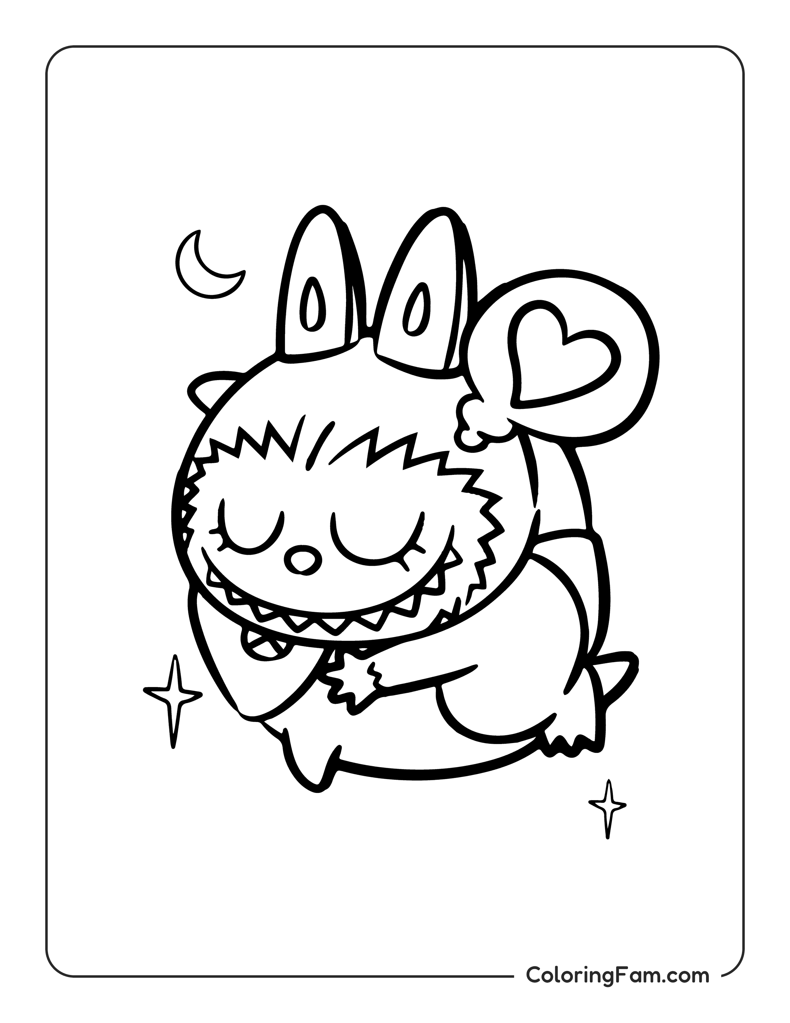 Labubu hugging fish having sweet dreams coloring page