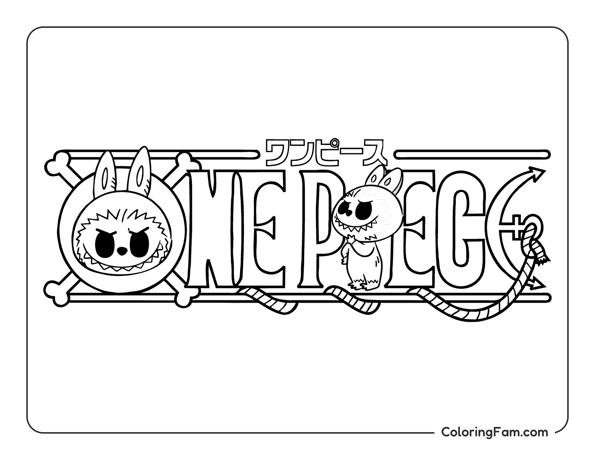 Labubu heads inside a One Piece logo coloring page