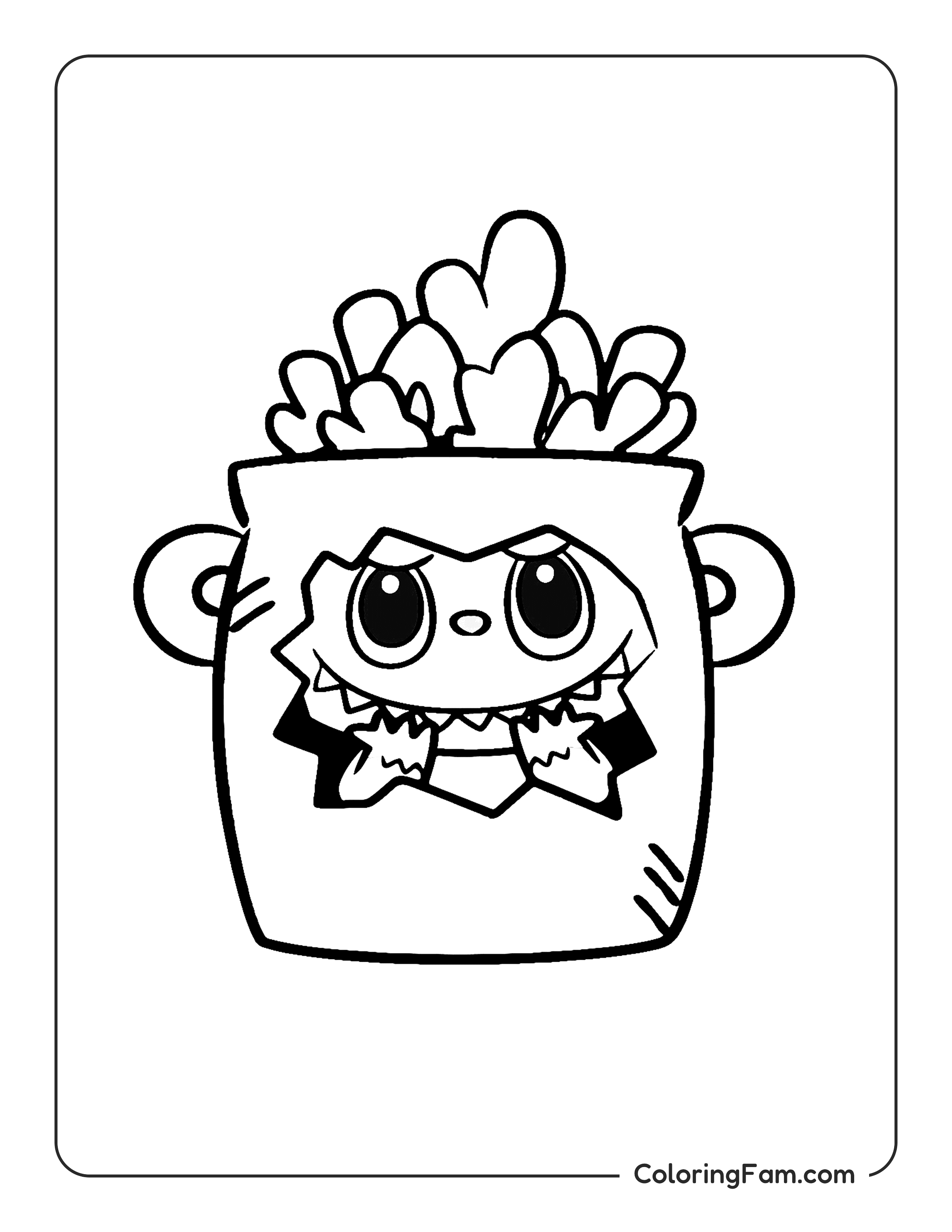 Labubu peeking from a potted plant coloring page