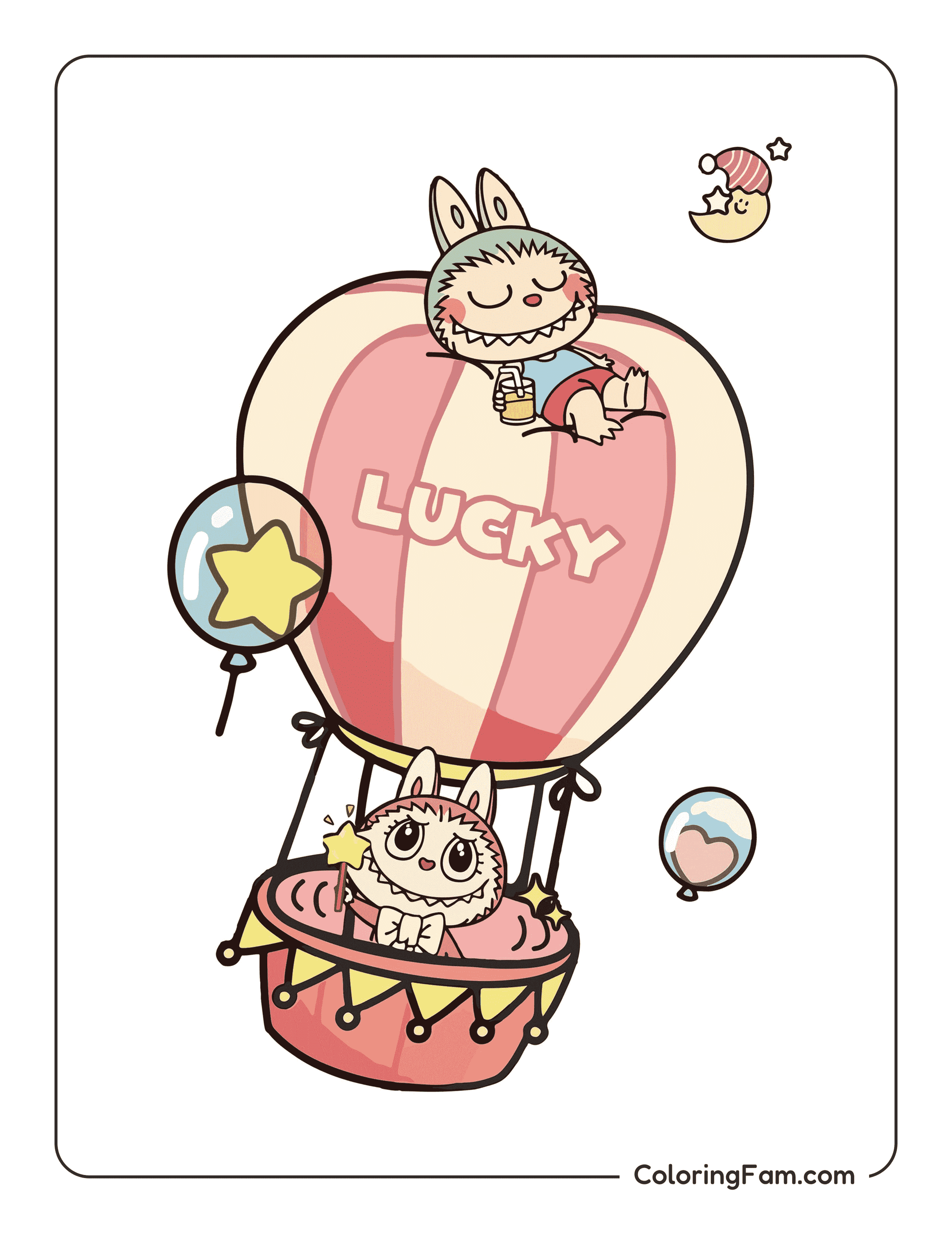 Labubu friends traveling in balloon colored coloring page