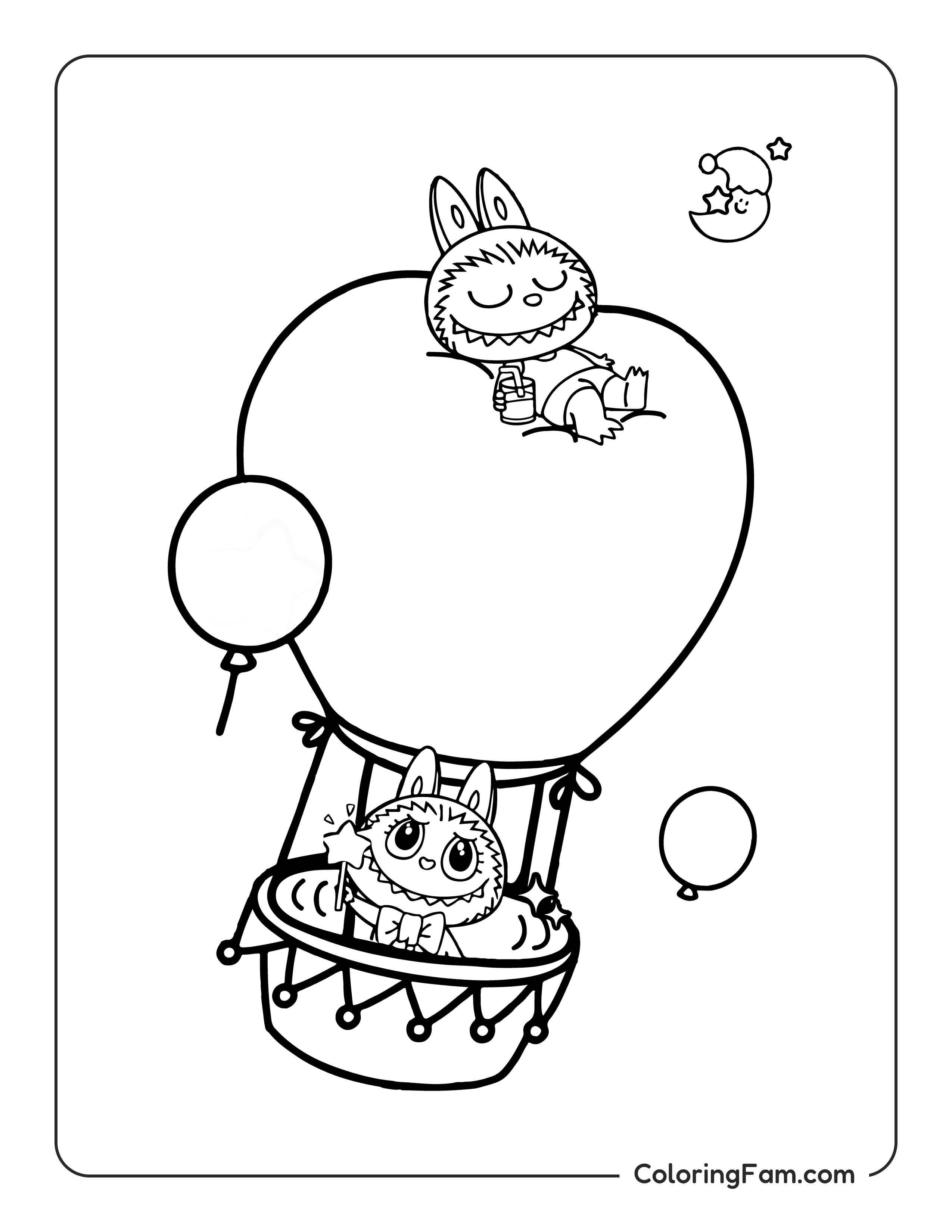 Labubu friends traveling in balloon coloring page