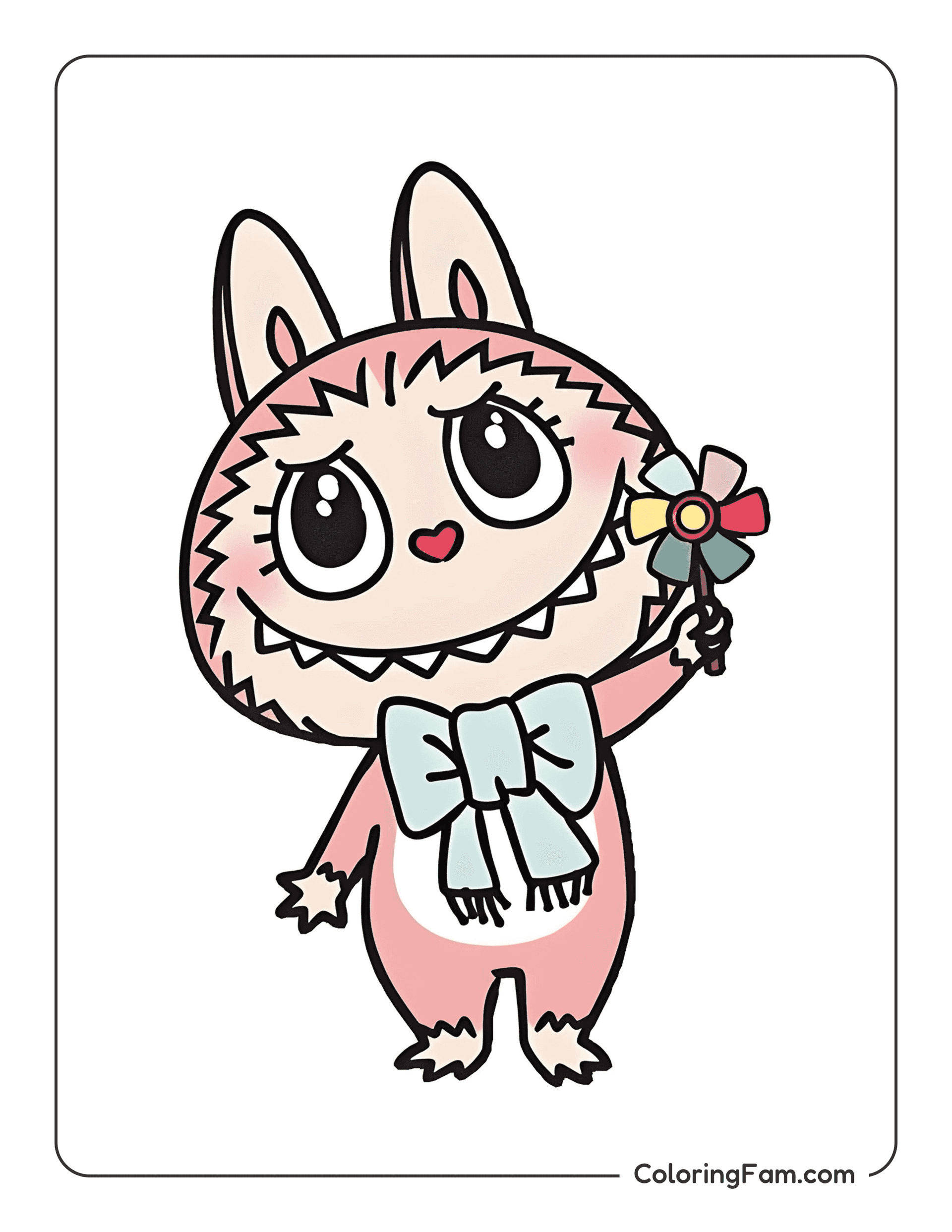 Labubu wearing a bow and holding a pinwheel colored coloring page
