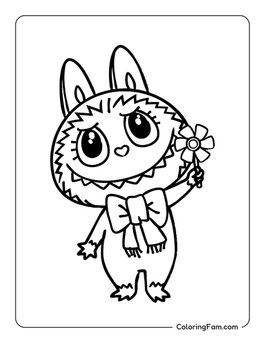 Labubu wearing a bow and holding a pinwheel coloring page