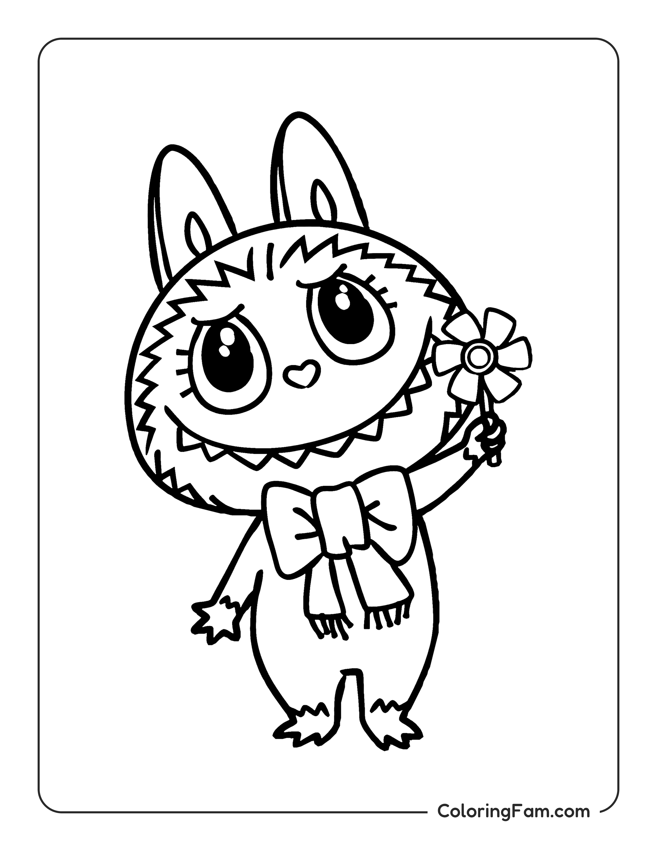 Labubu wearing a bow and holding a pinwheel coloring page