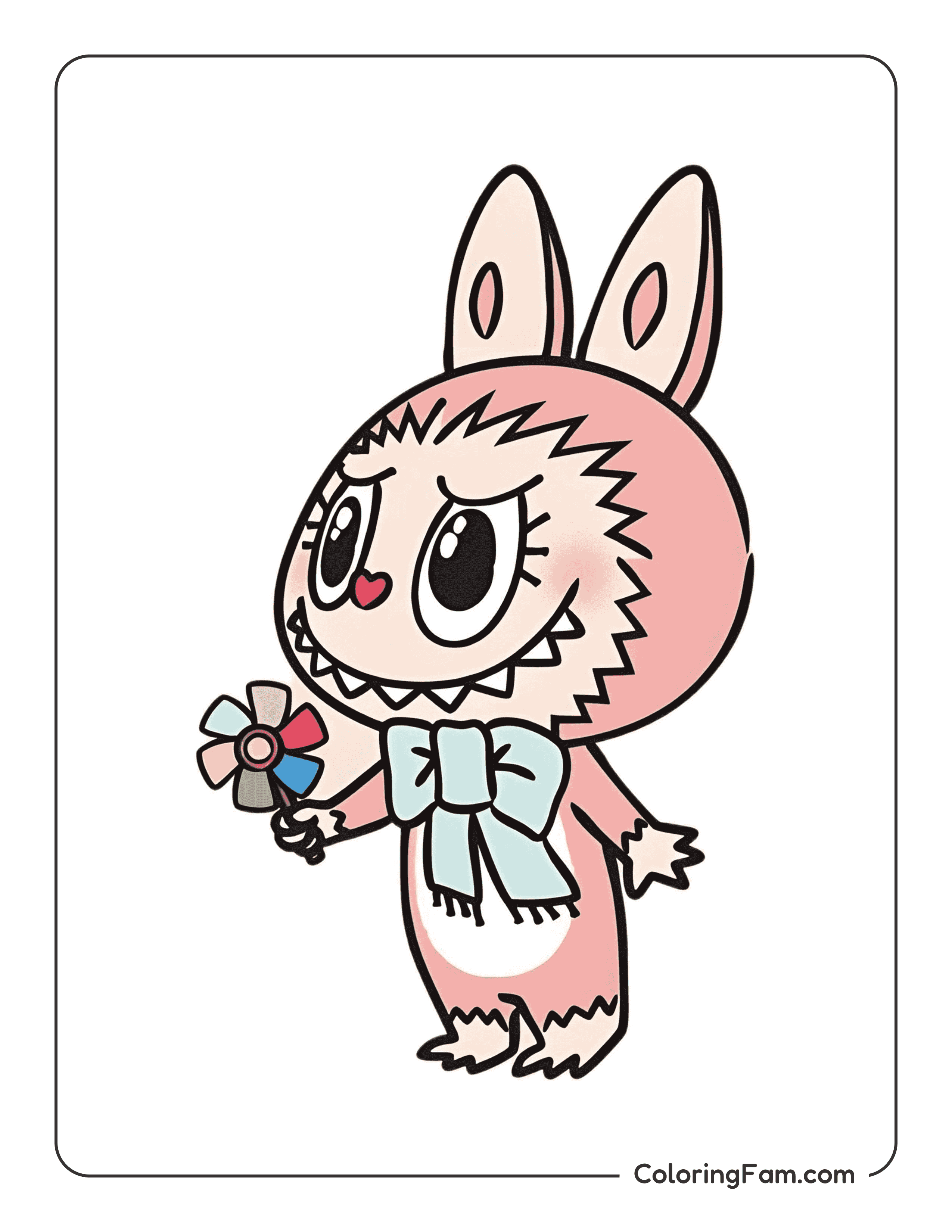 Labubu wearing a bow and holding a pinwheel side view colored coloring page