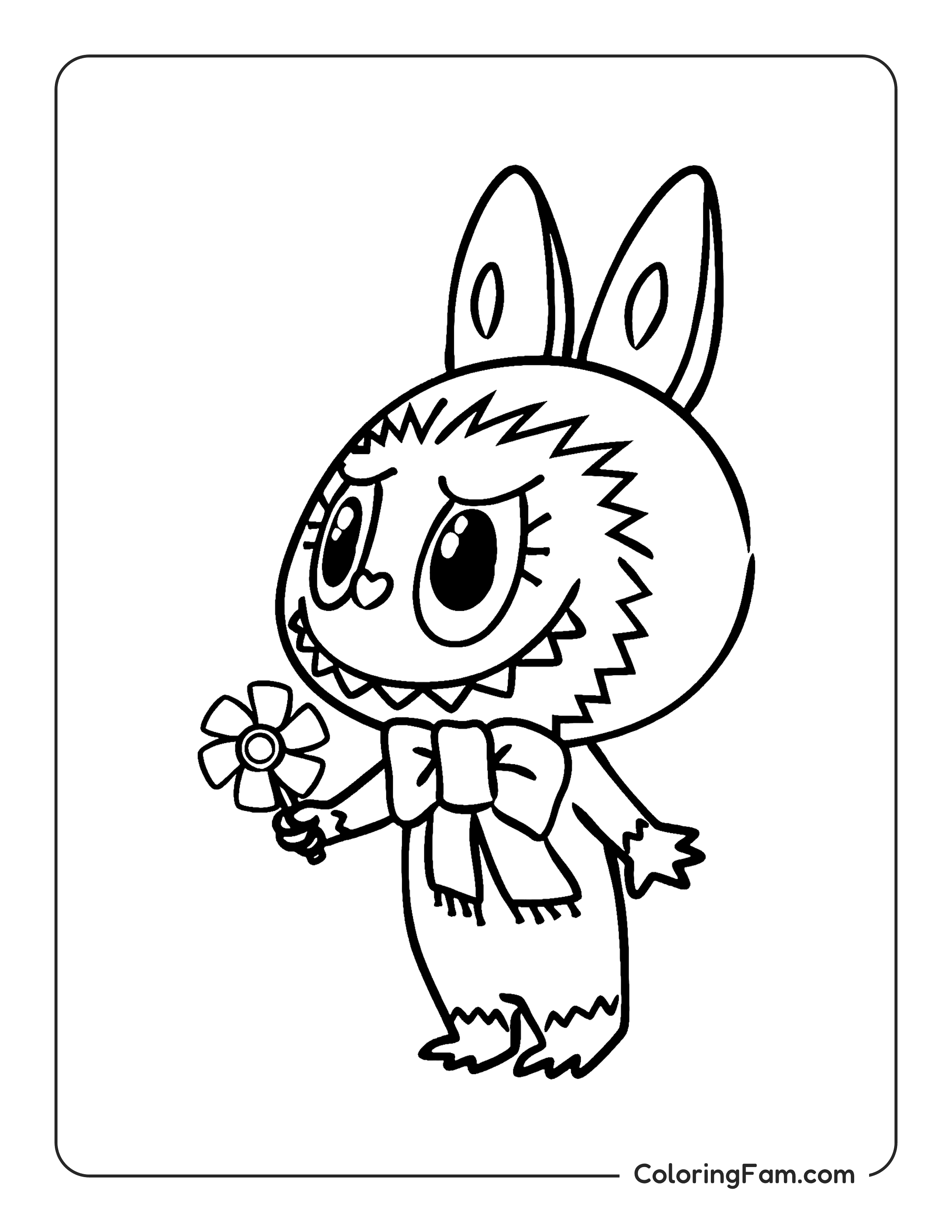 Labubu wearing a bow and holding a pinwheel side view coloring page