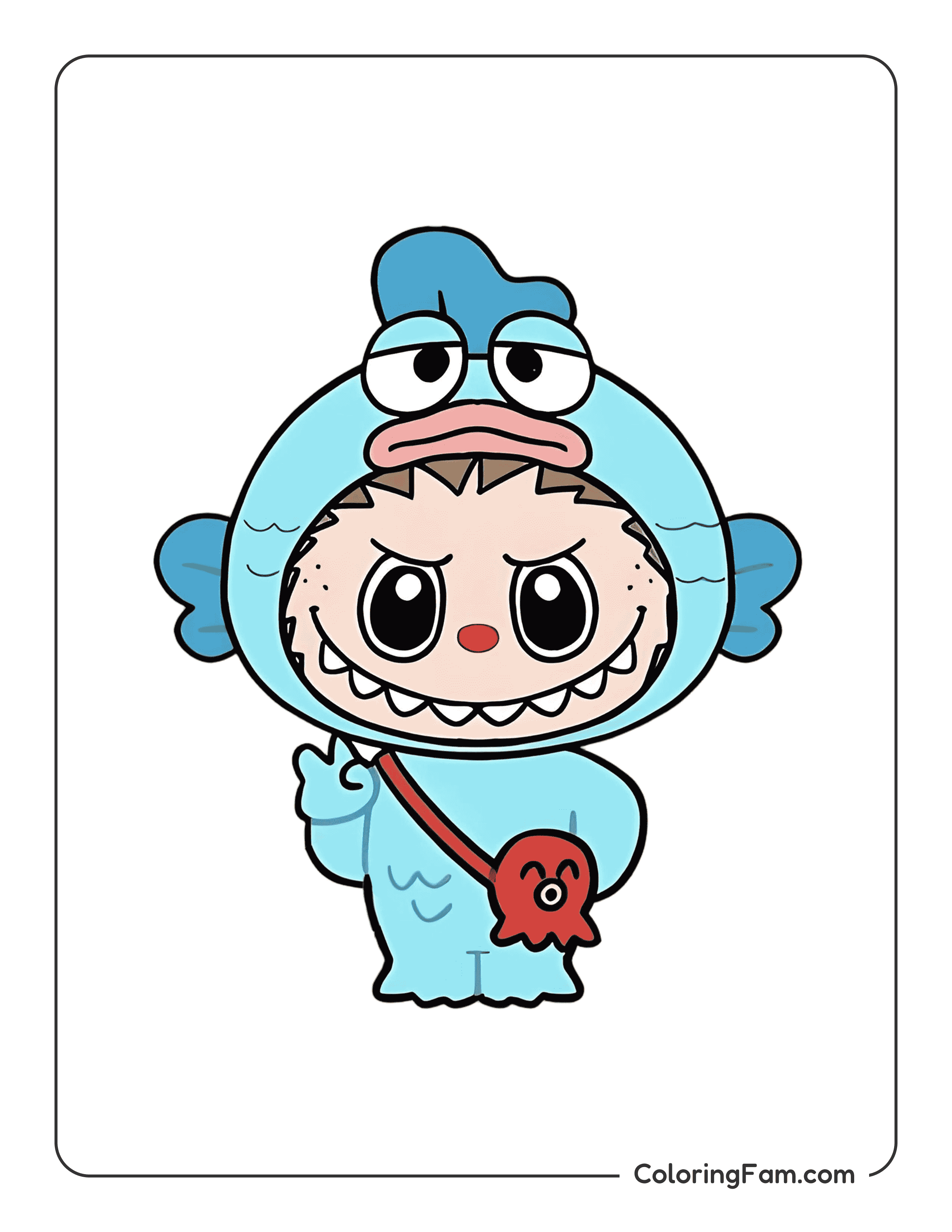 Labubu wearing a blue fish costume colored coloring page