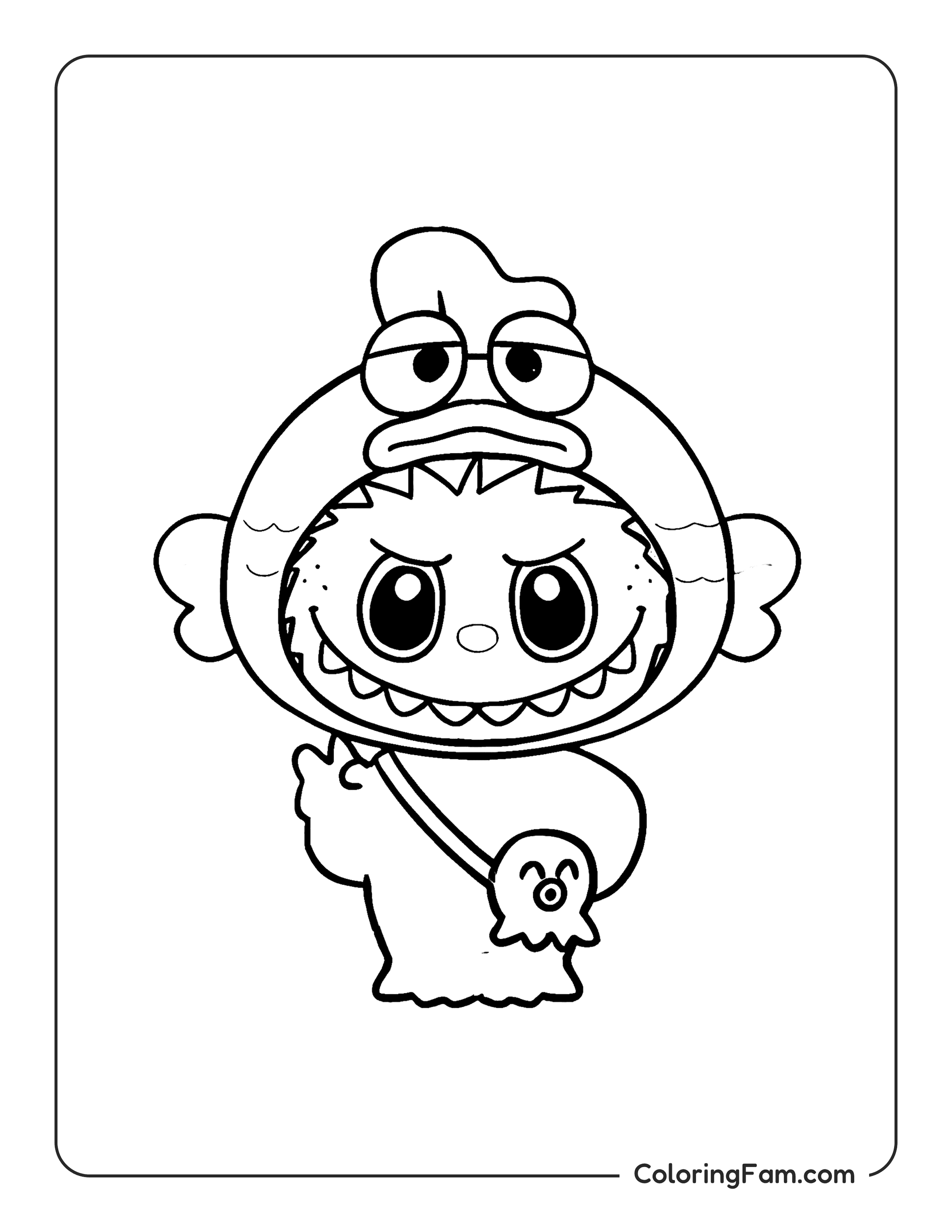 Labubu wearing a blue fish costume coloring page