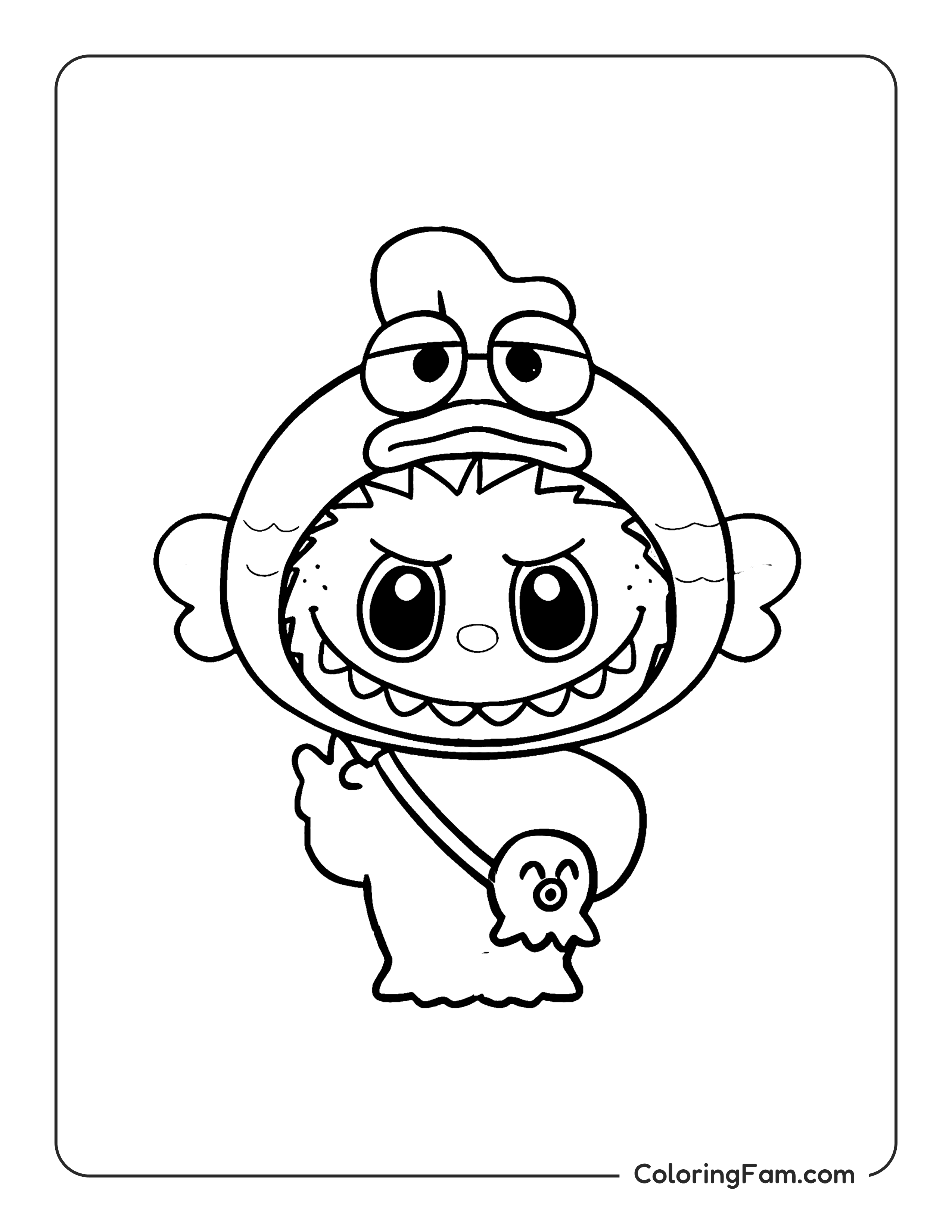 Labubu wearing a blue fish costume coloring page