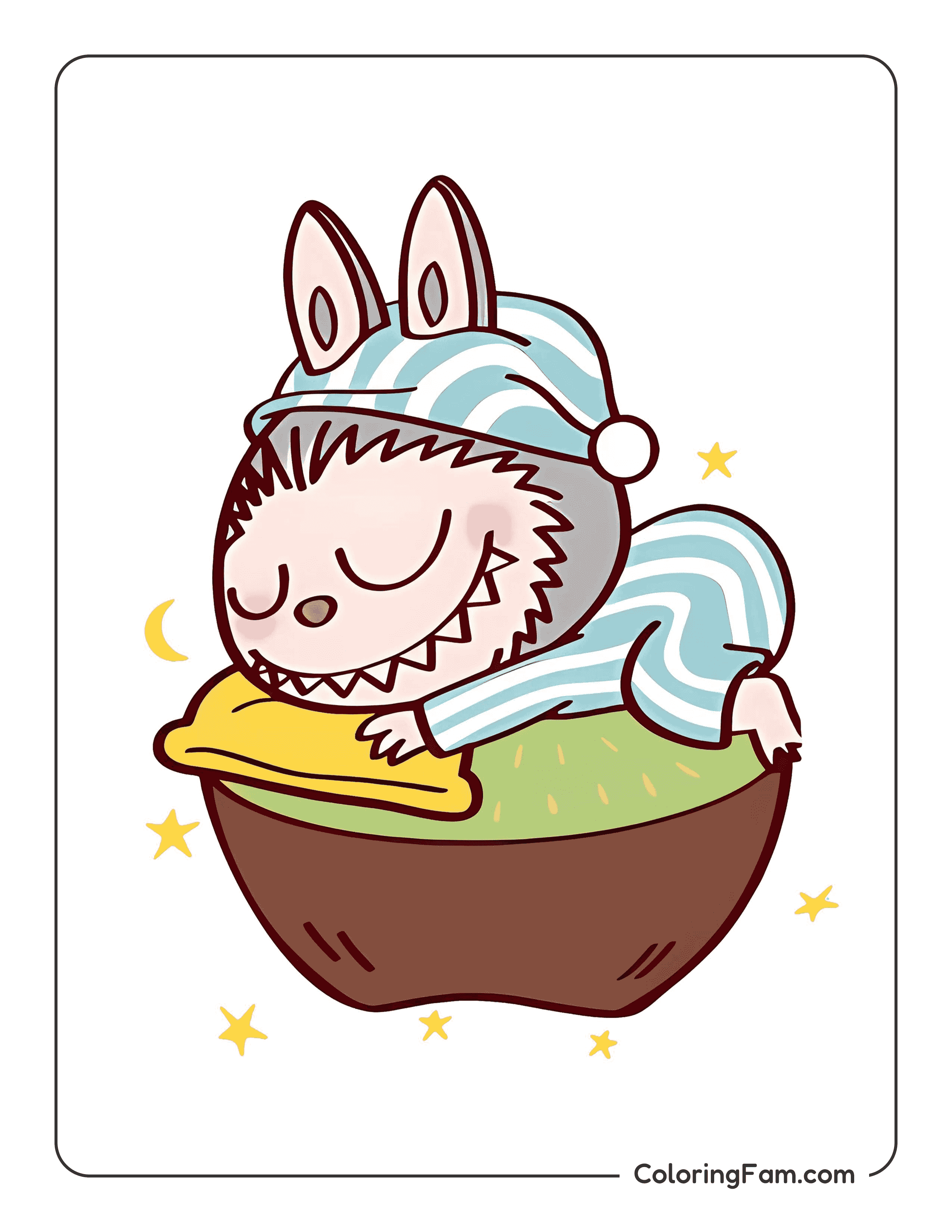 Labubu wearing pajamas having sweet dreams colored coloring page