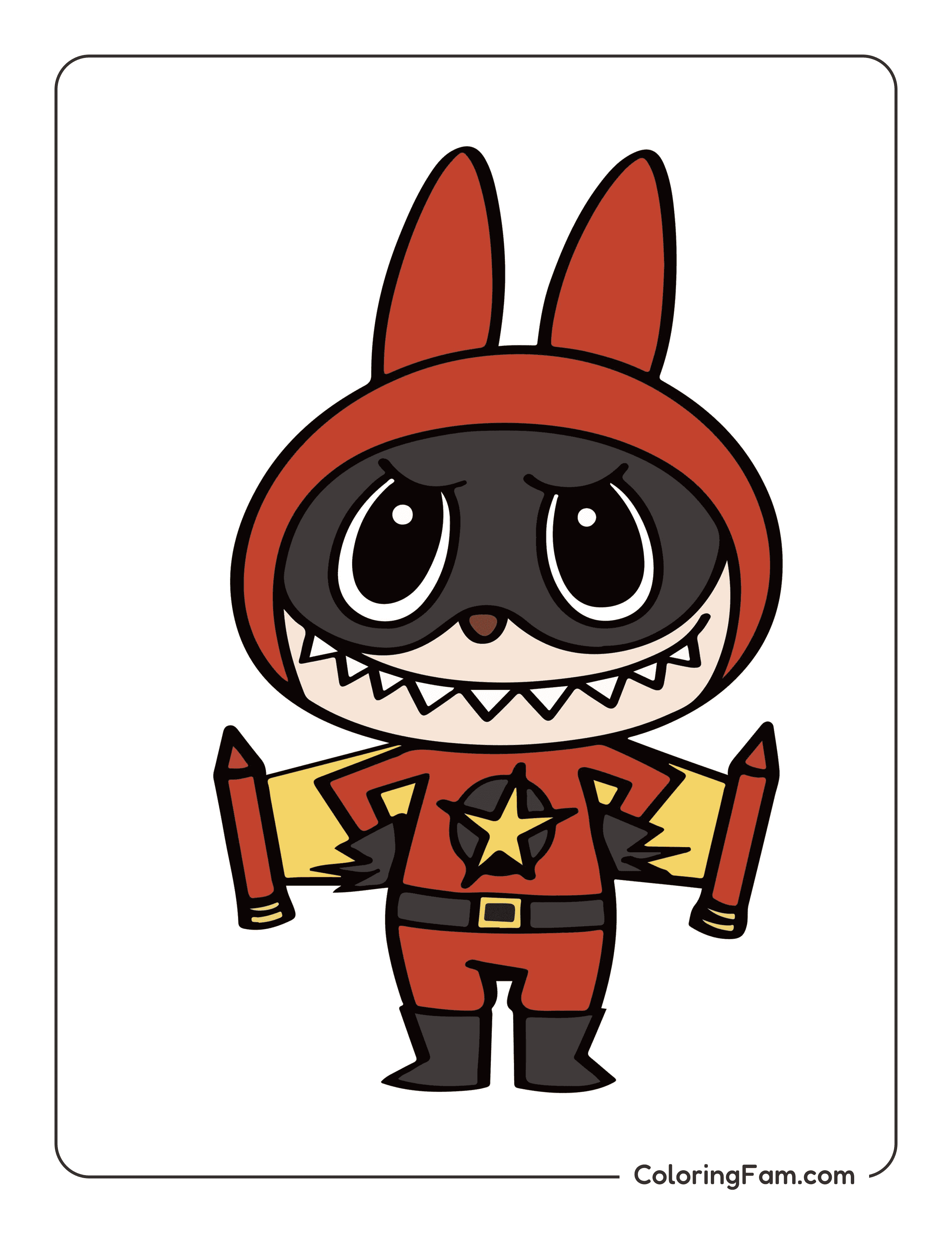 Labubu wearing a superhero suit ready to fly colored coloring page