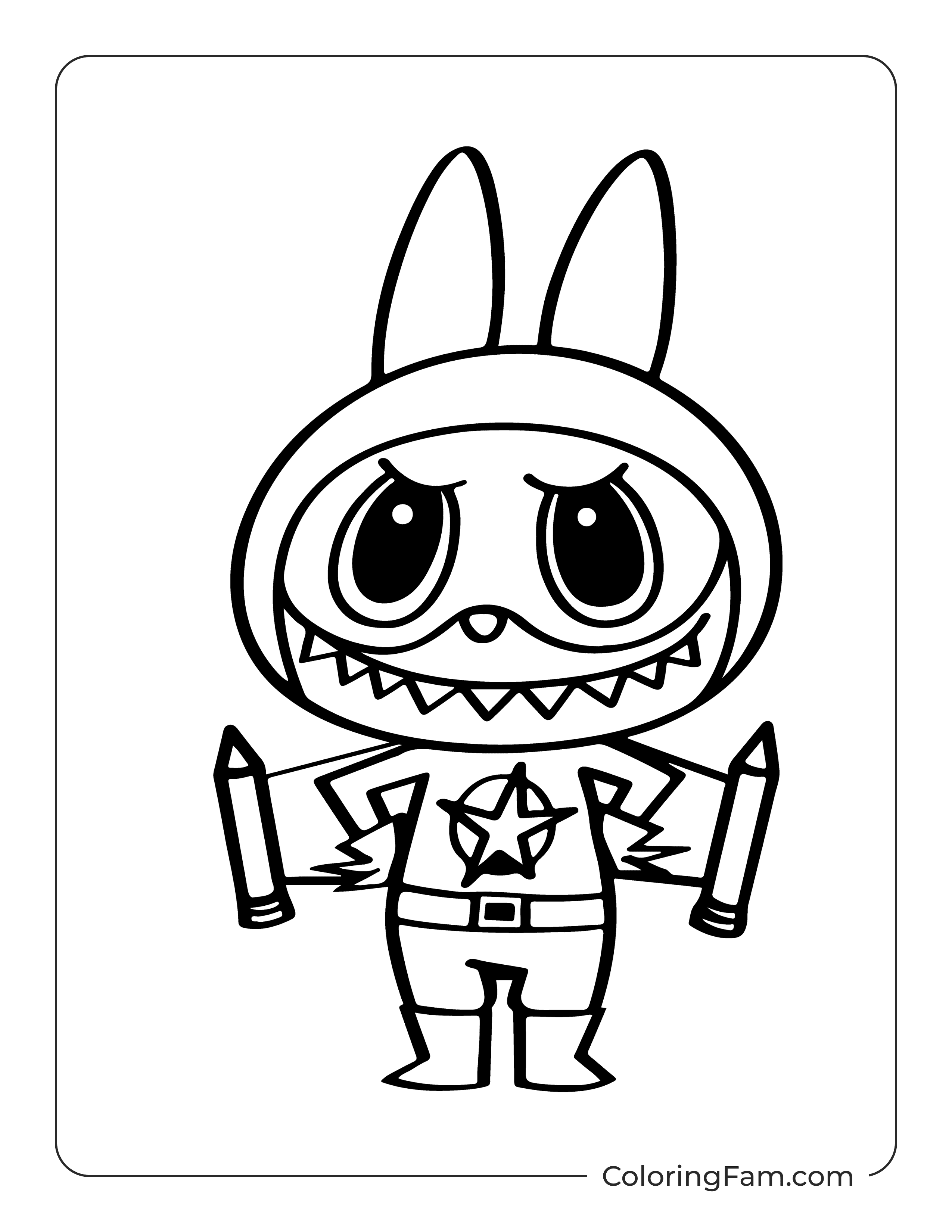 Labubu wearing a superhero suit ready to fly coloring page