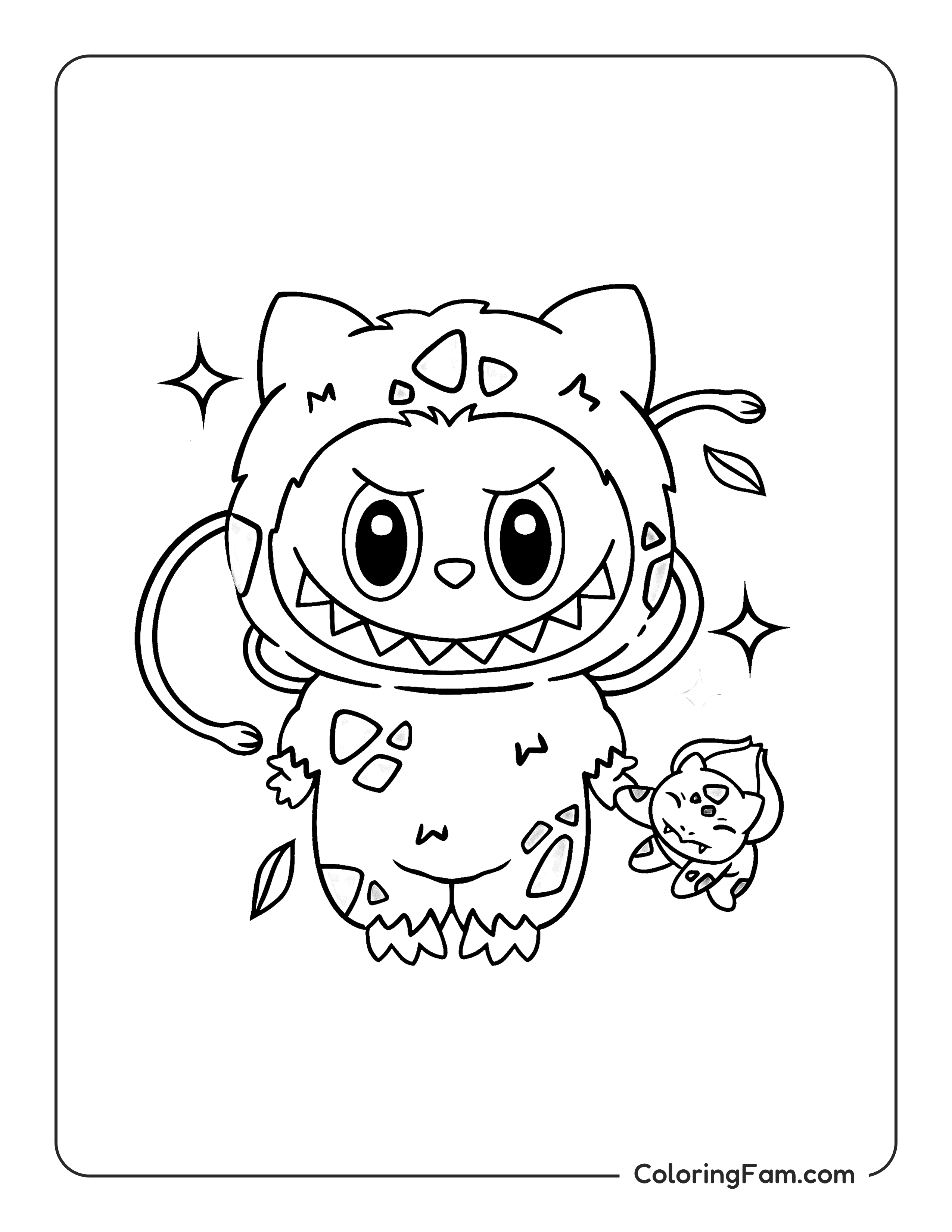 Labubu dressed as Bulbasaur coloring page