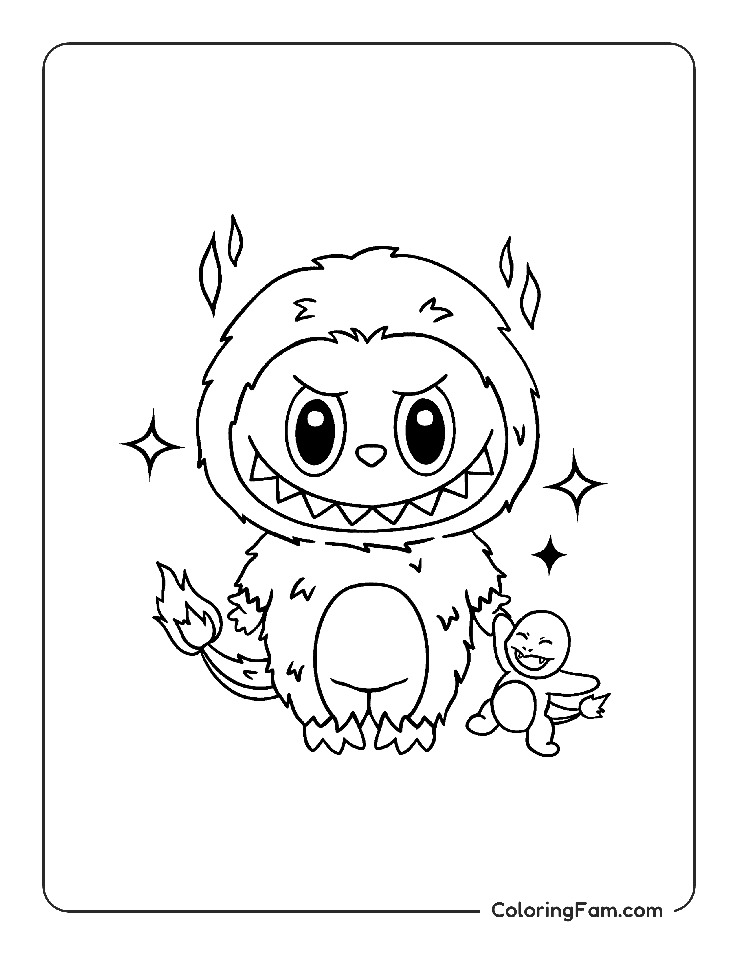 Labubu dressed as Charmander coloring page
