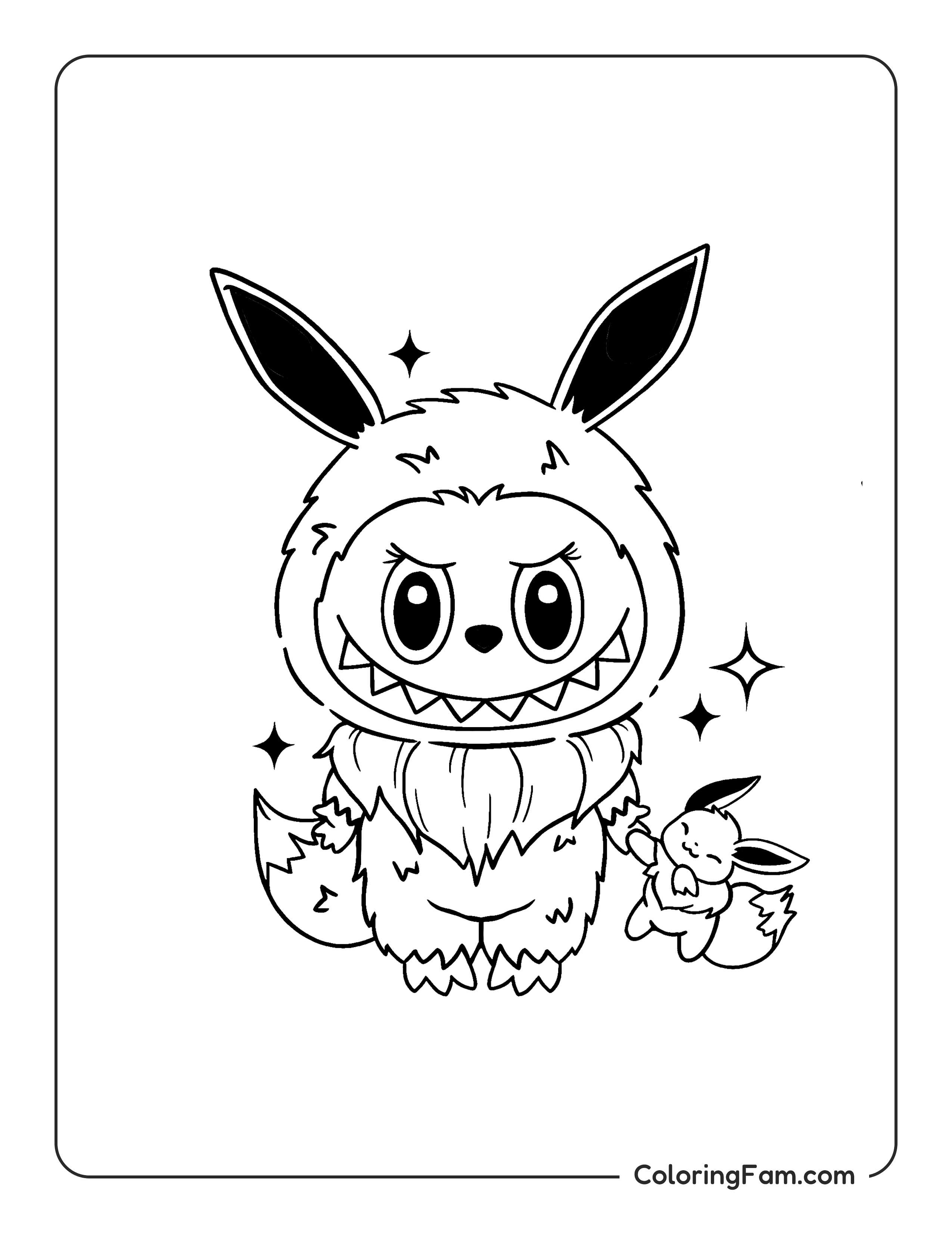Labubu dressed as Eevee coloring page