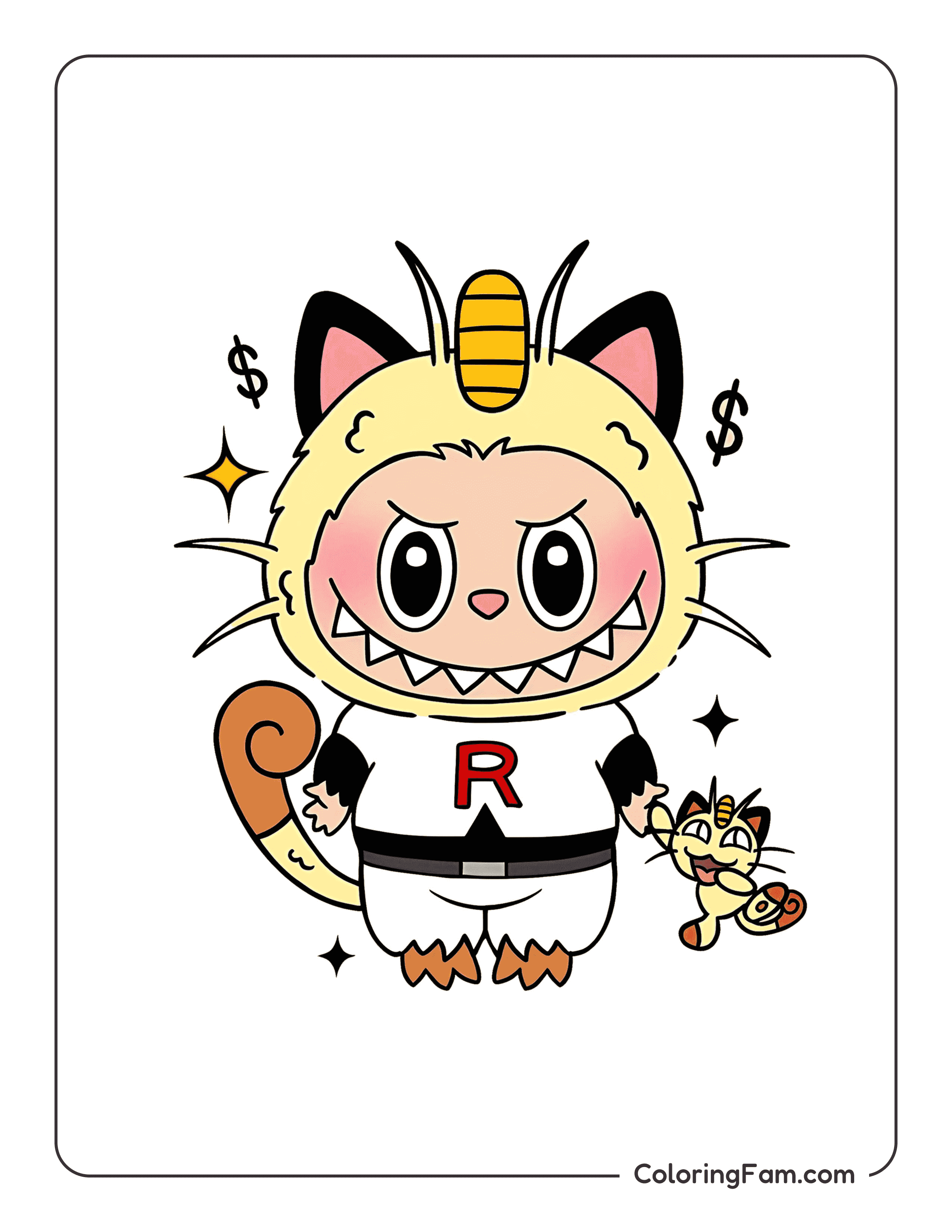 Labubu dressed as Meowth colored coloring page