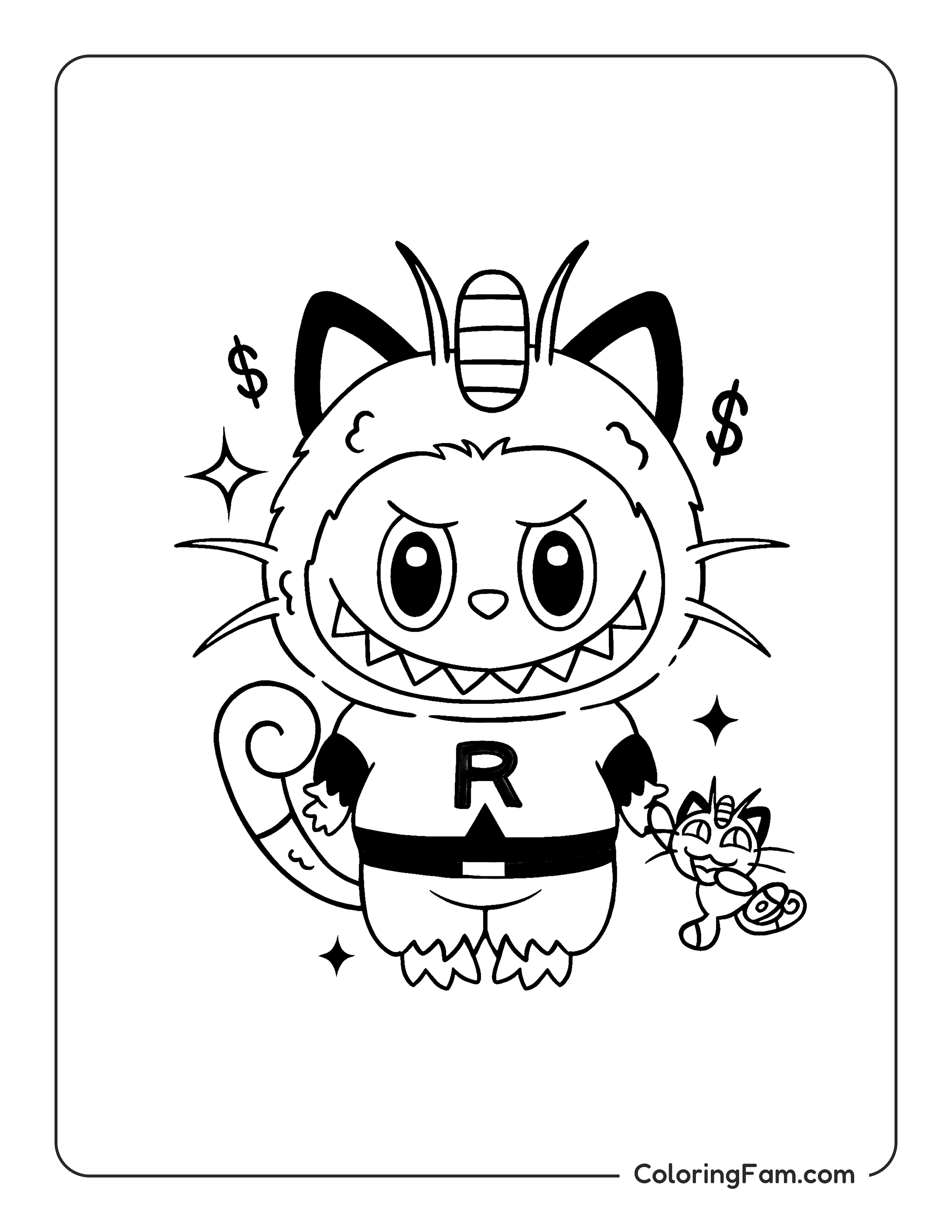 Labubu dressed as Meowth coloring page