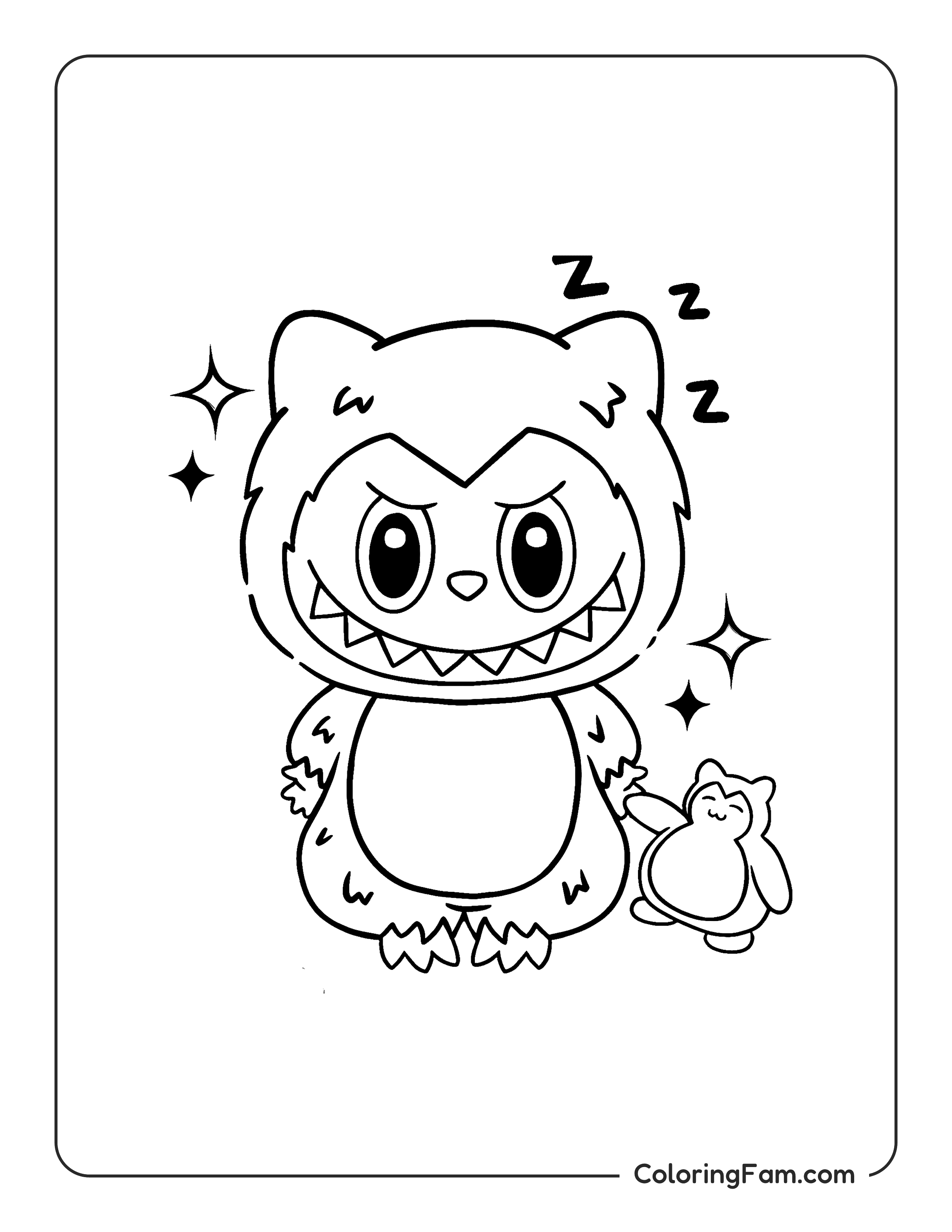 Labubu dressed as Snorlax coloring page