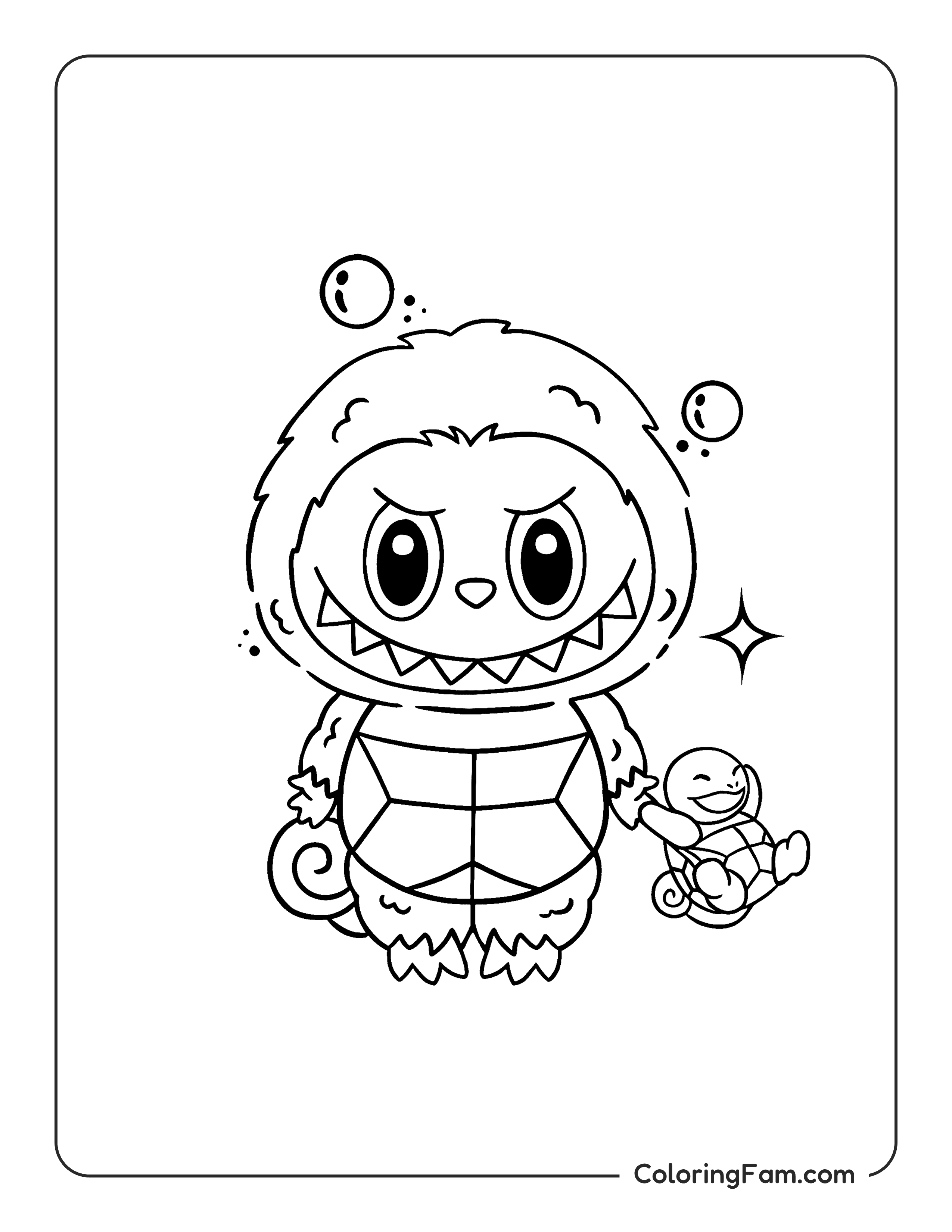 Labubu dressed as Squirtle coloring page