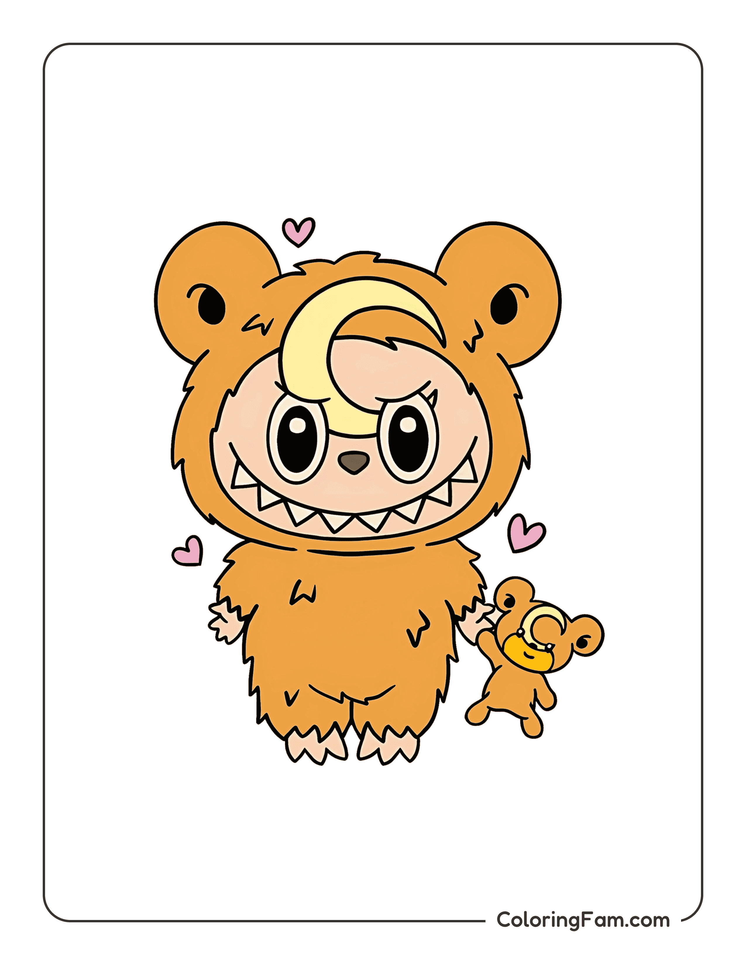 Labubu dressed as Teddiursa colored coloring page