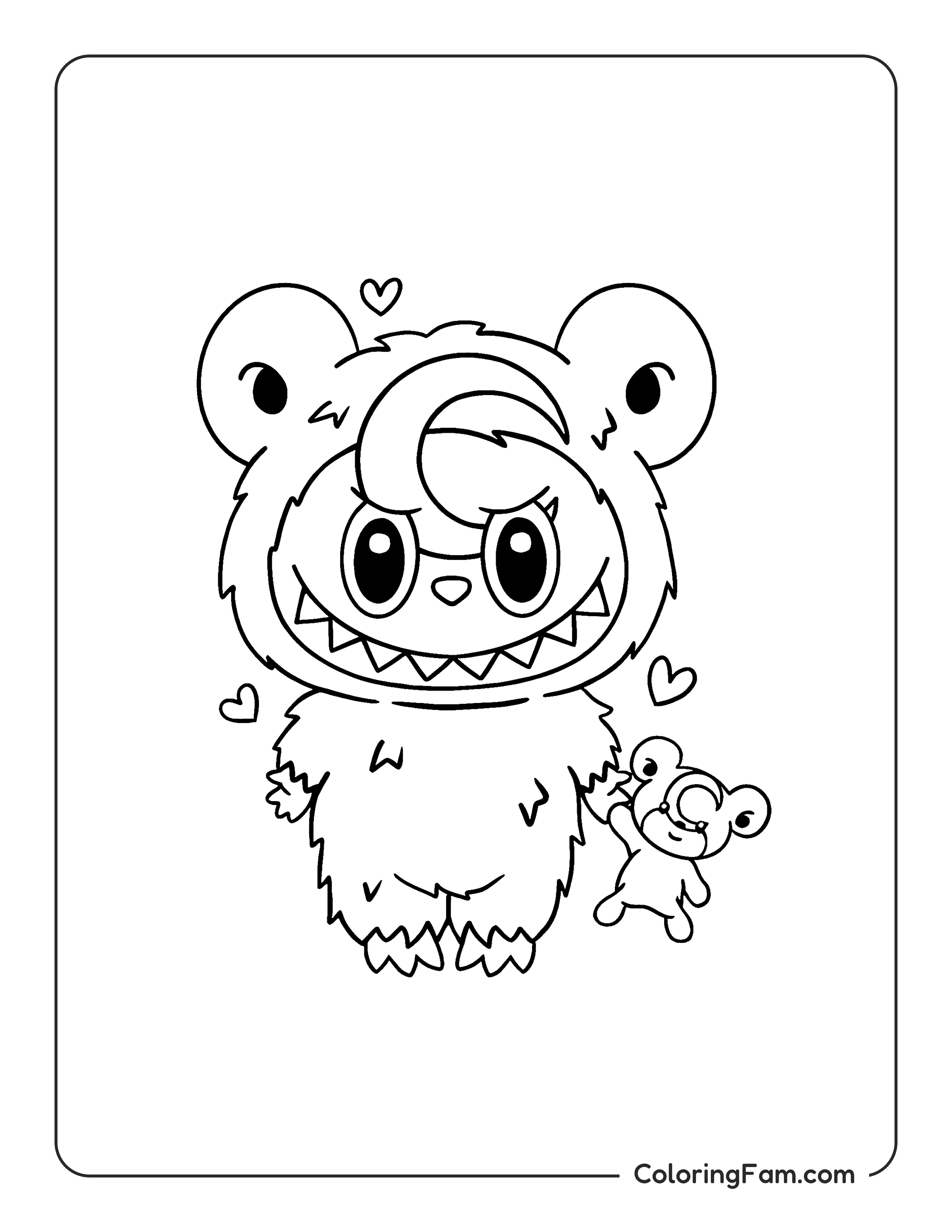 Labubu dressed as Teddiursa coloring page