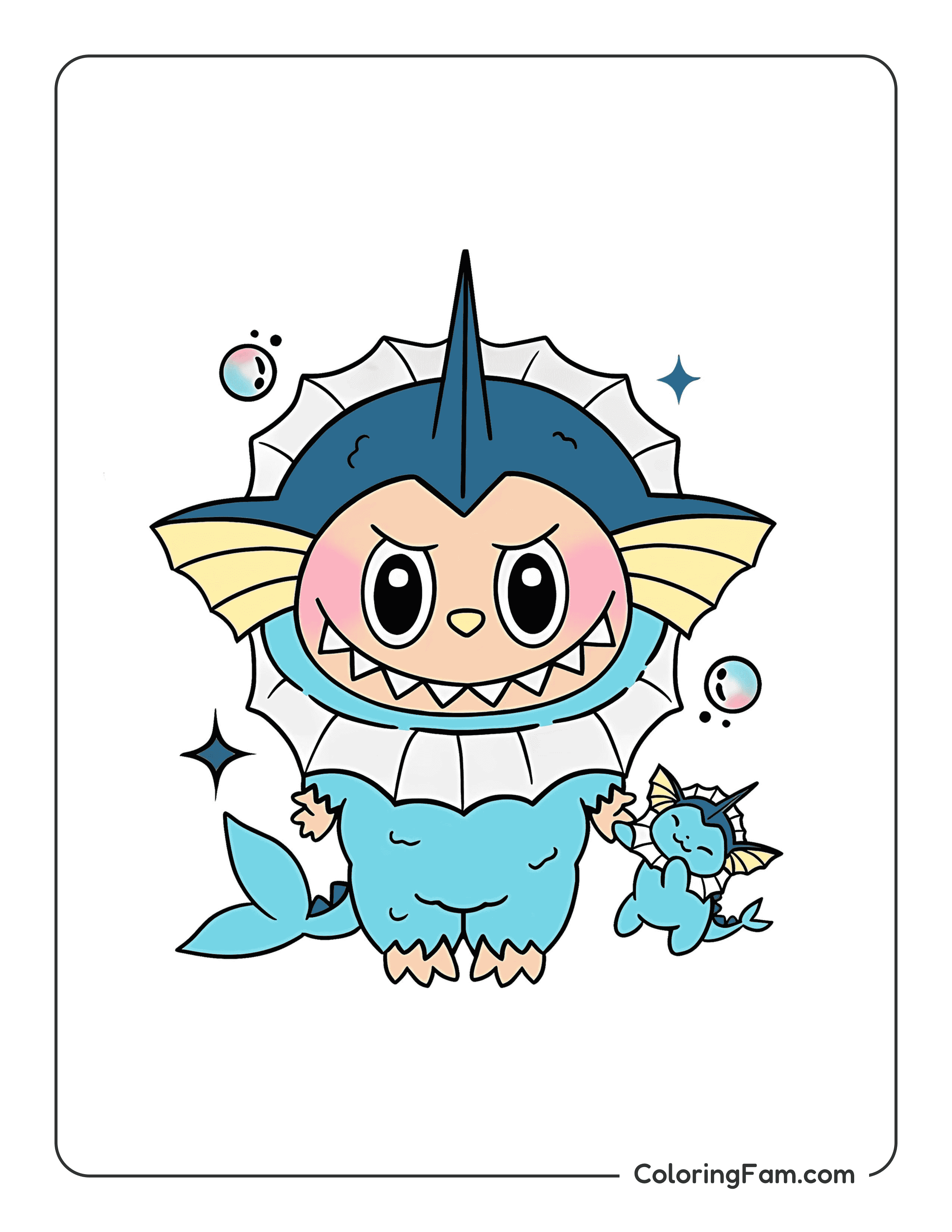Labubu dressed as Vaporeon colored coloring page