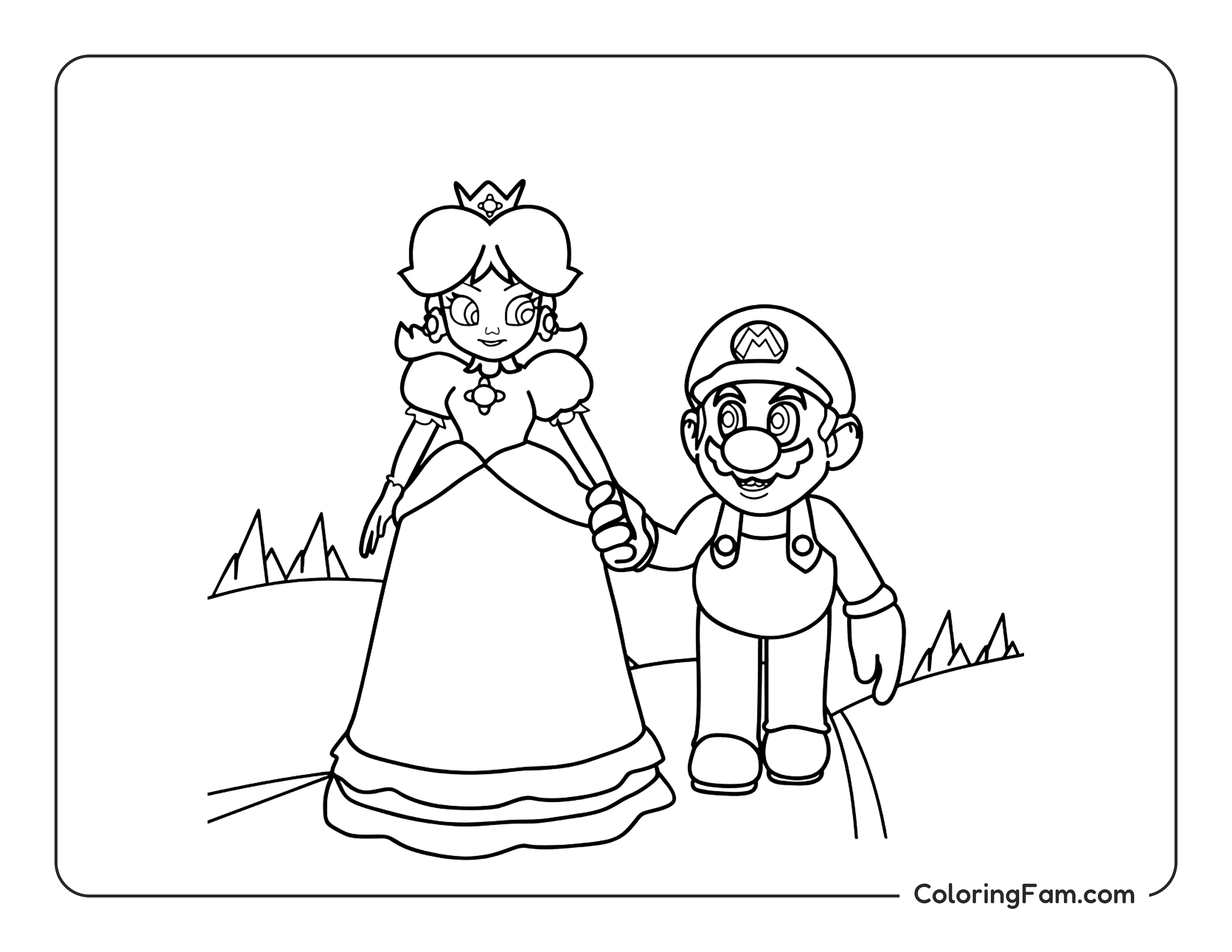 Mario and Princess Peach holding hands coloring page