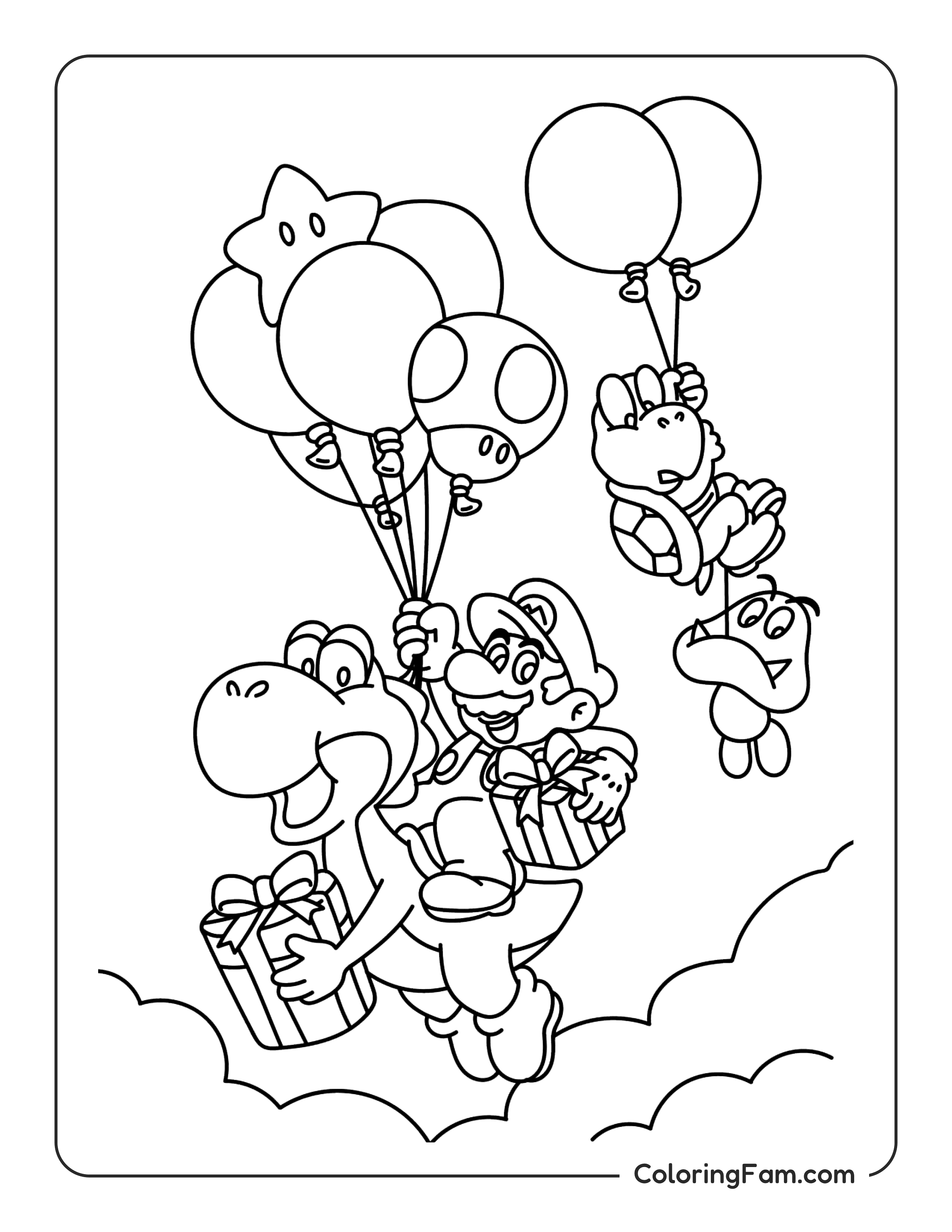 Mario and Yoshi flying with balloons coloring page