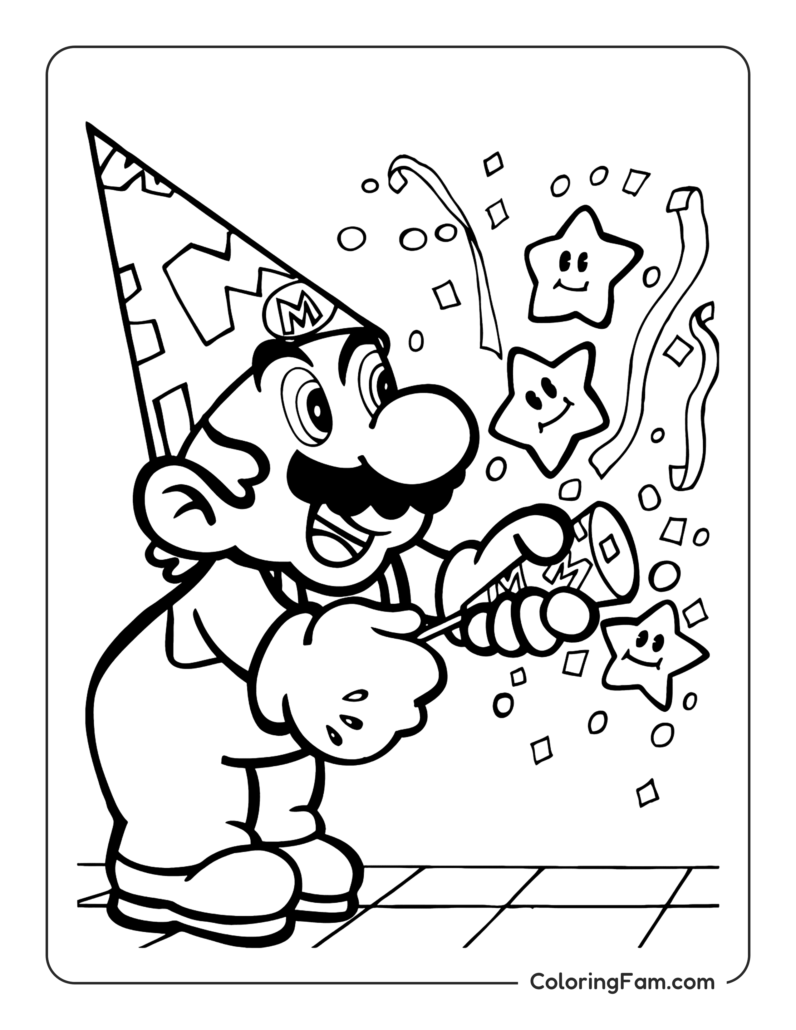 Mario celebrating with party popper coloring page