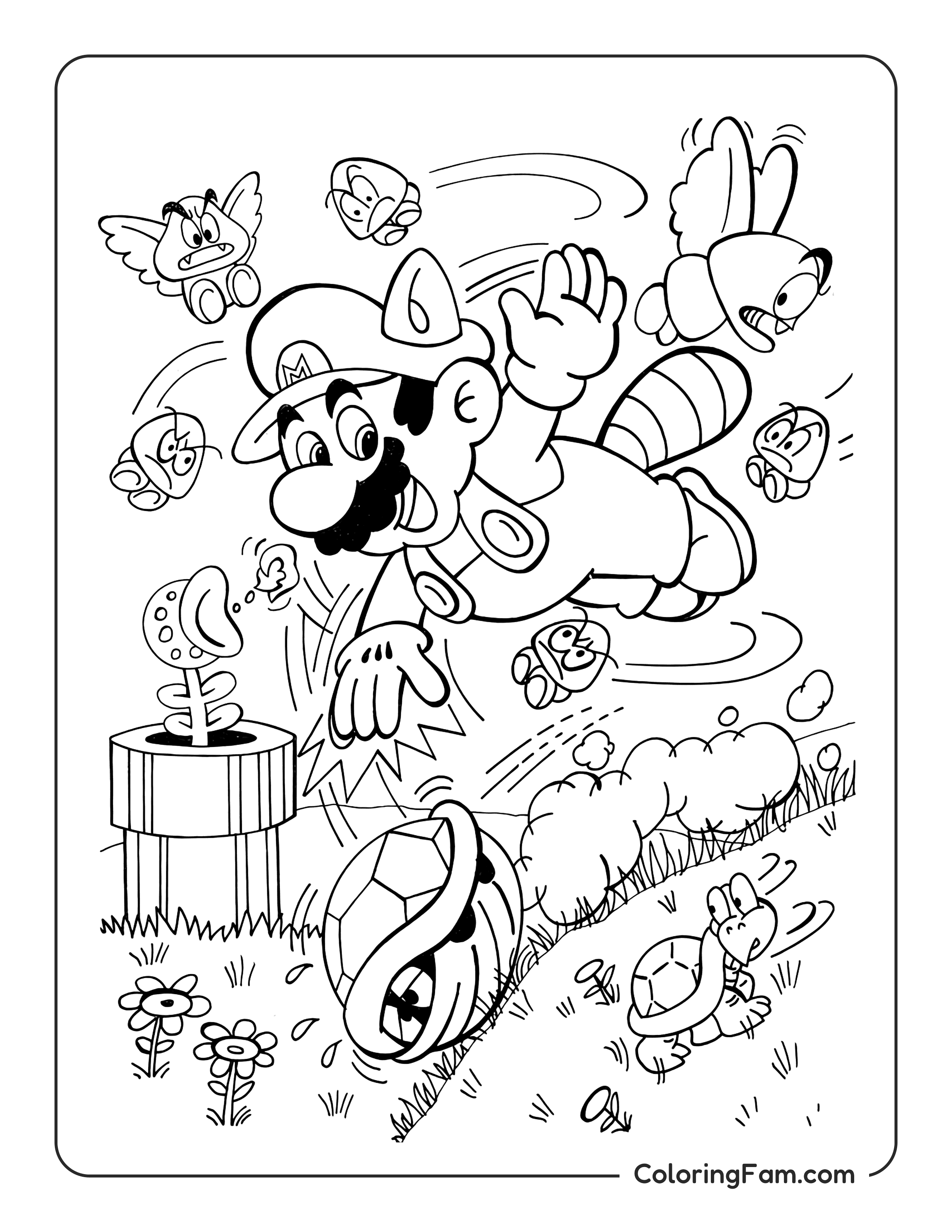 Tanooki Mario flying over enemies coloring page