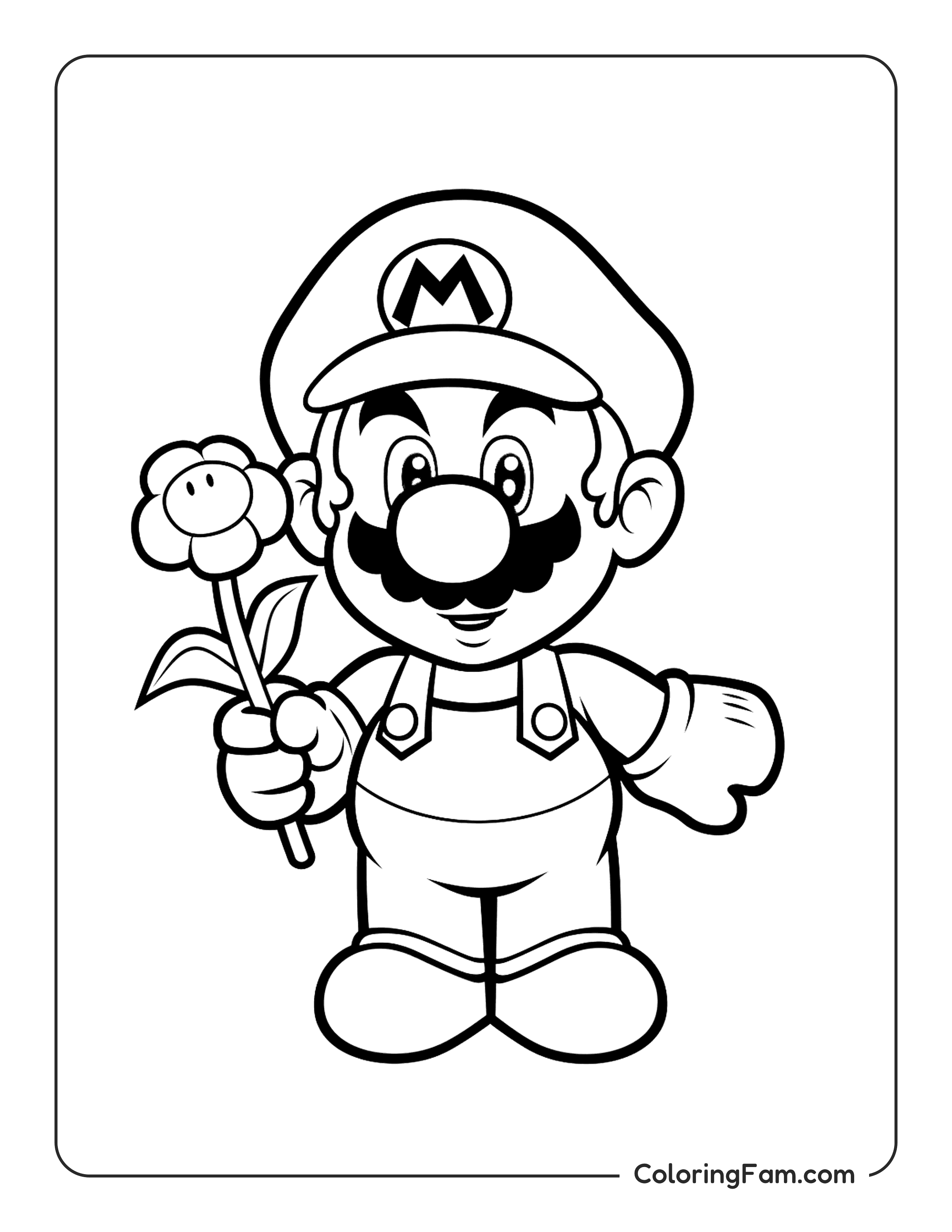 Mario holding a cute Fire Flower coloring page