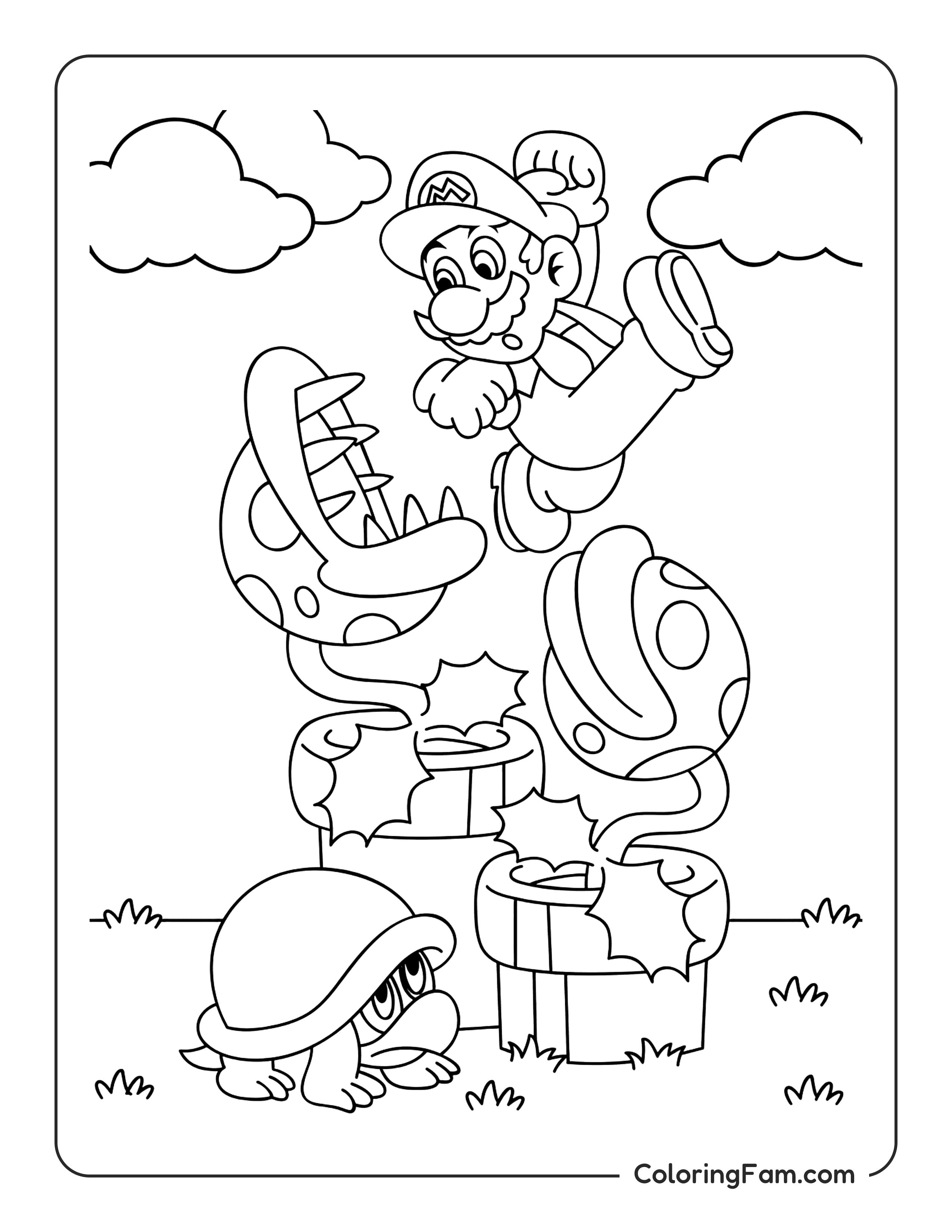 Mario jumping over Piranha Plants coloring page