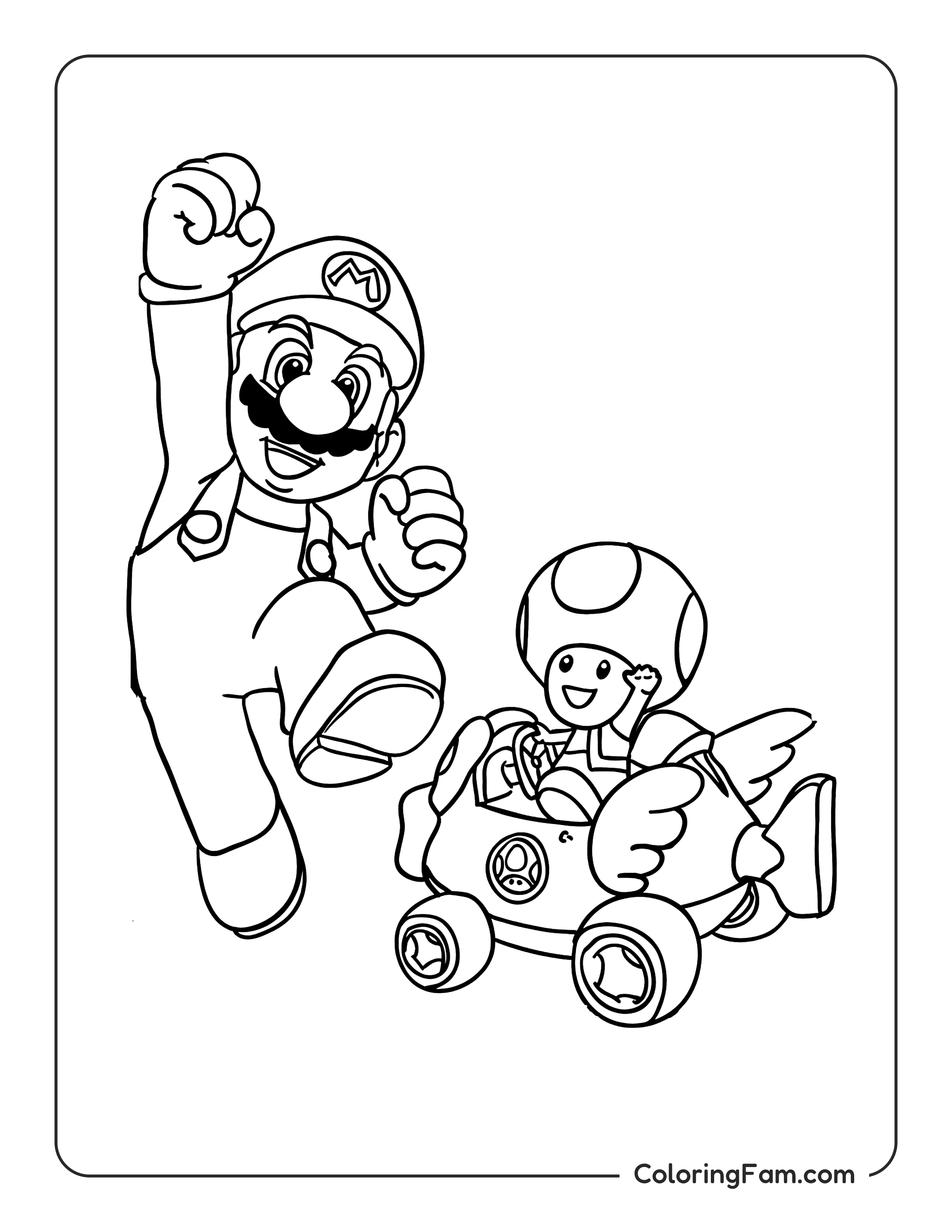 Mario riding karts with Toad coloring page