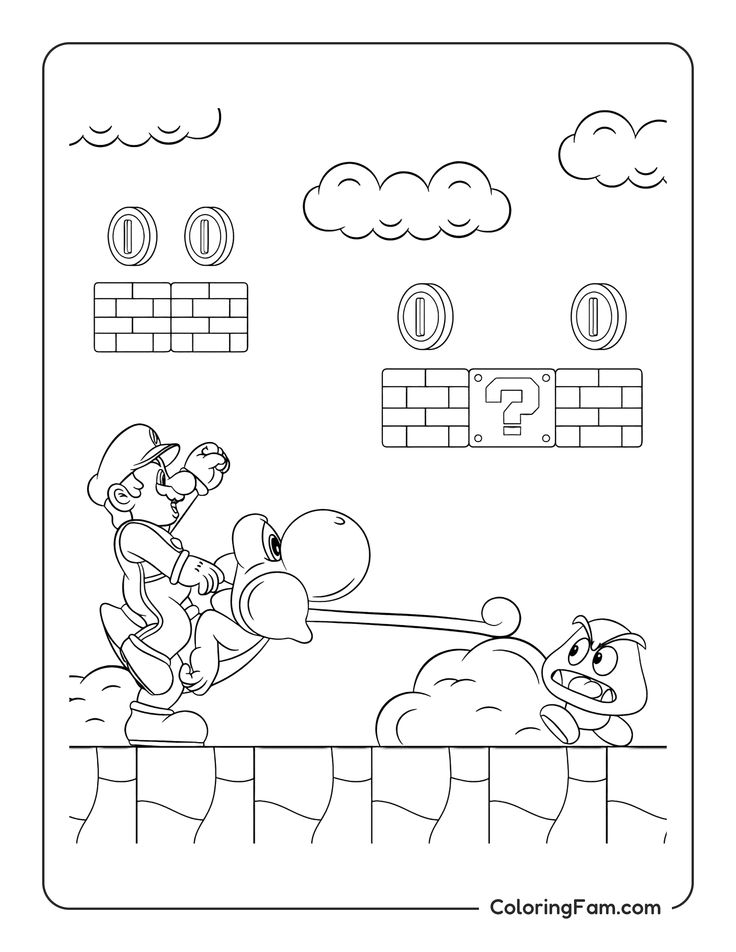 Mario riding Yoshi fighting Goomba coloring page