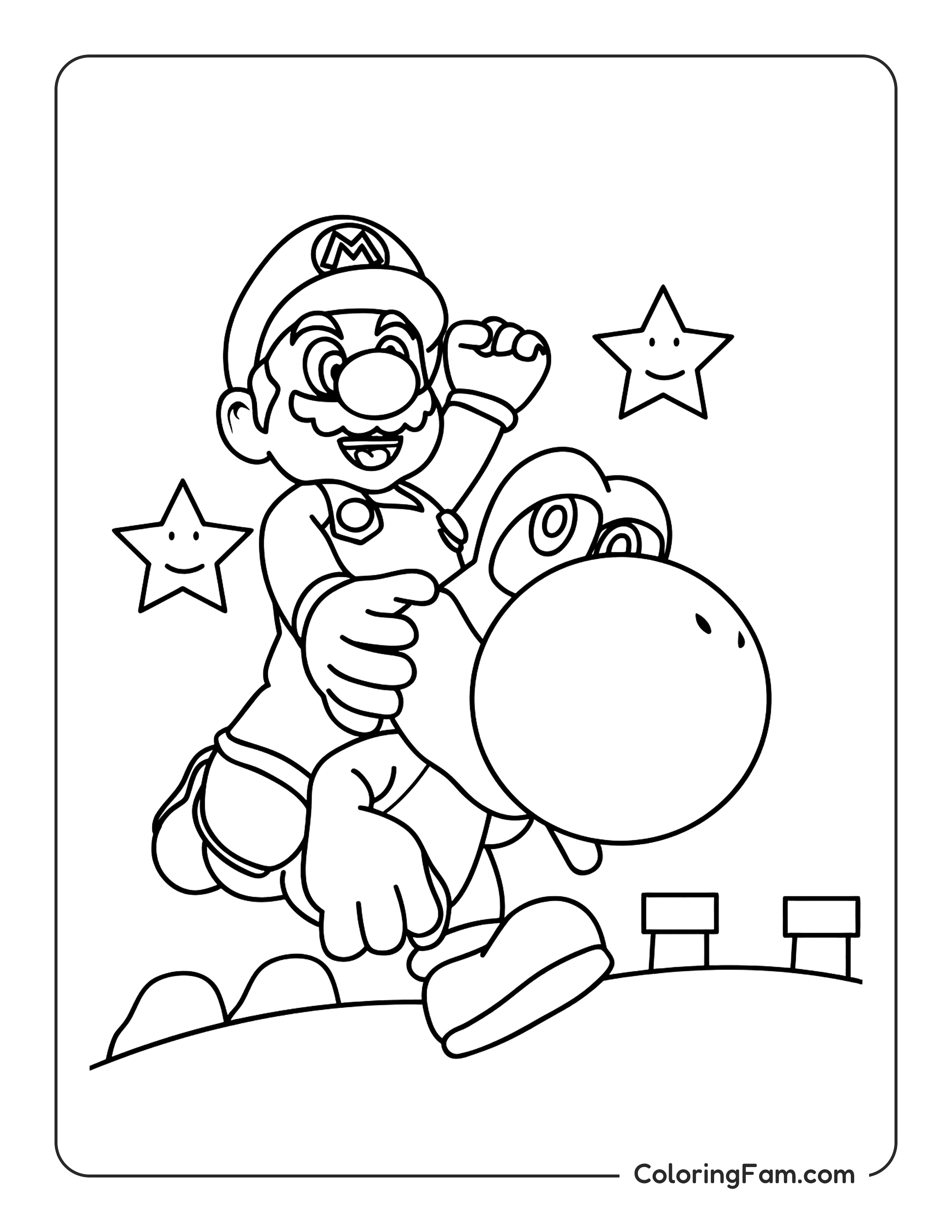 Mario riding Yoshi with happy stars coloring page