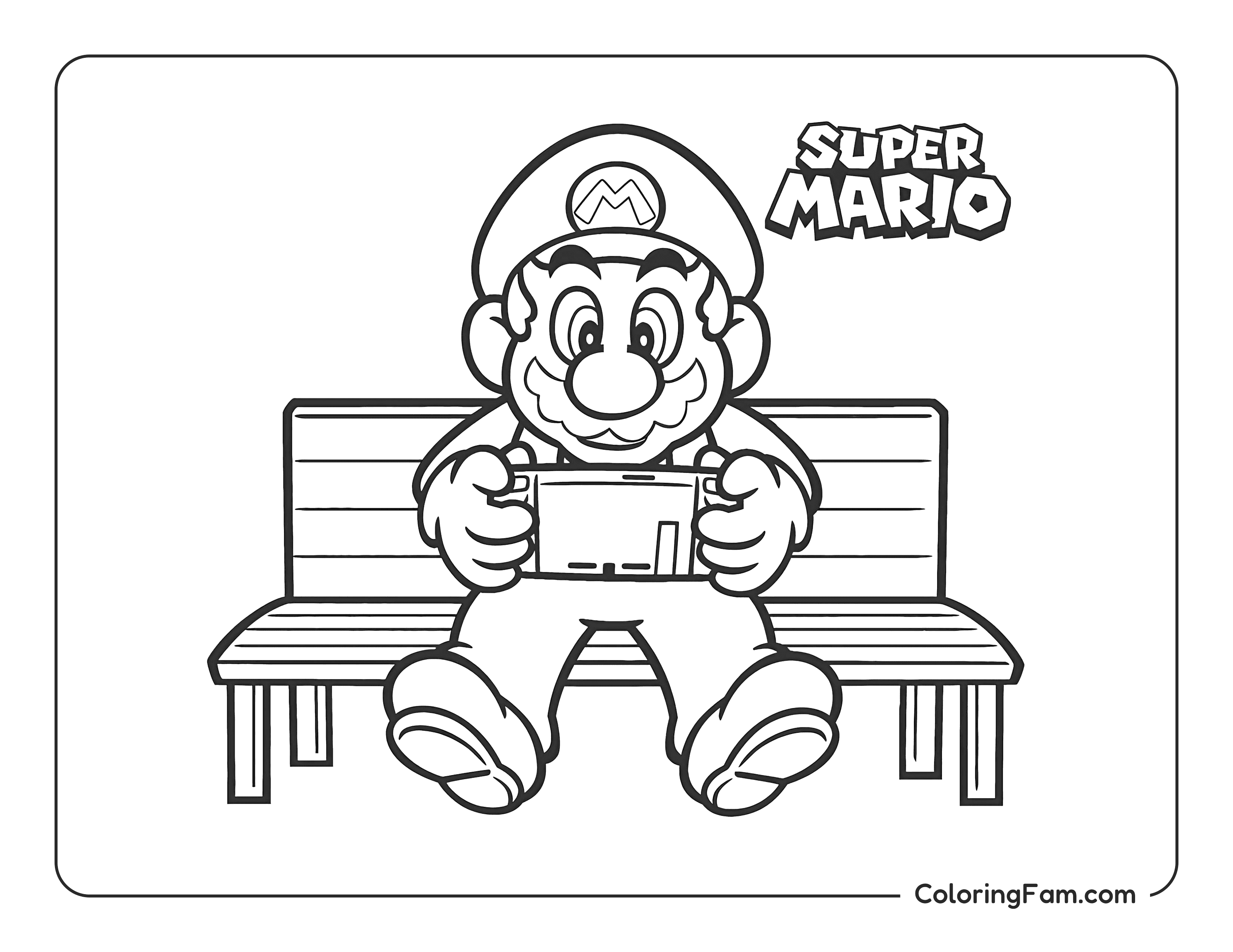 Mario sitting on a bench playing games coloring page