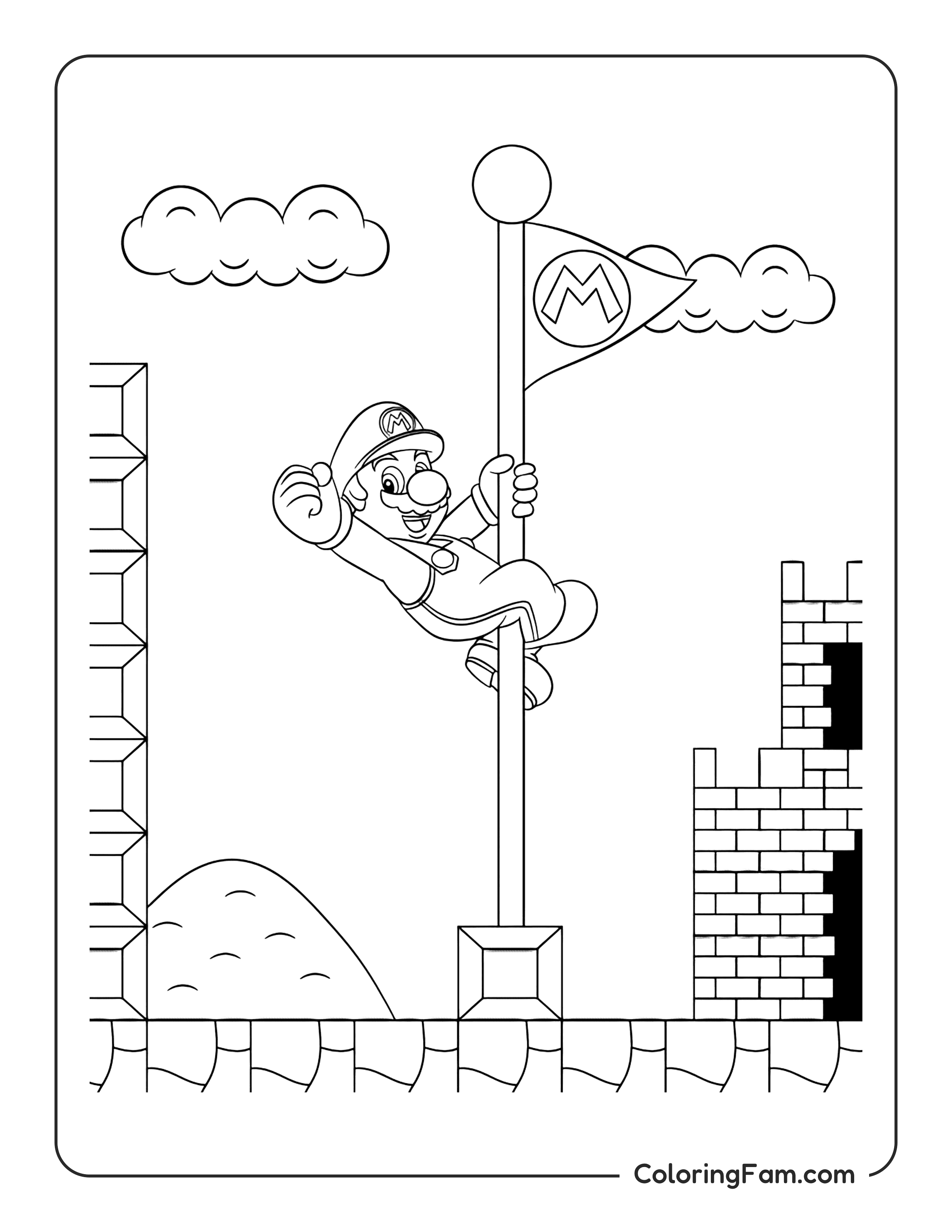 Mario sliding down a goal pole coloring page