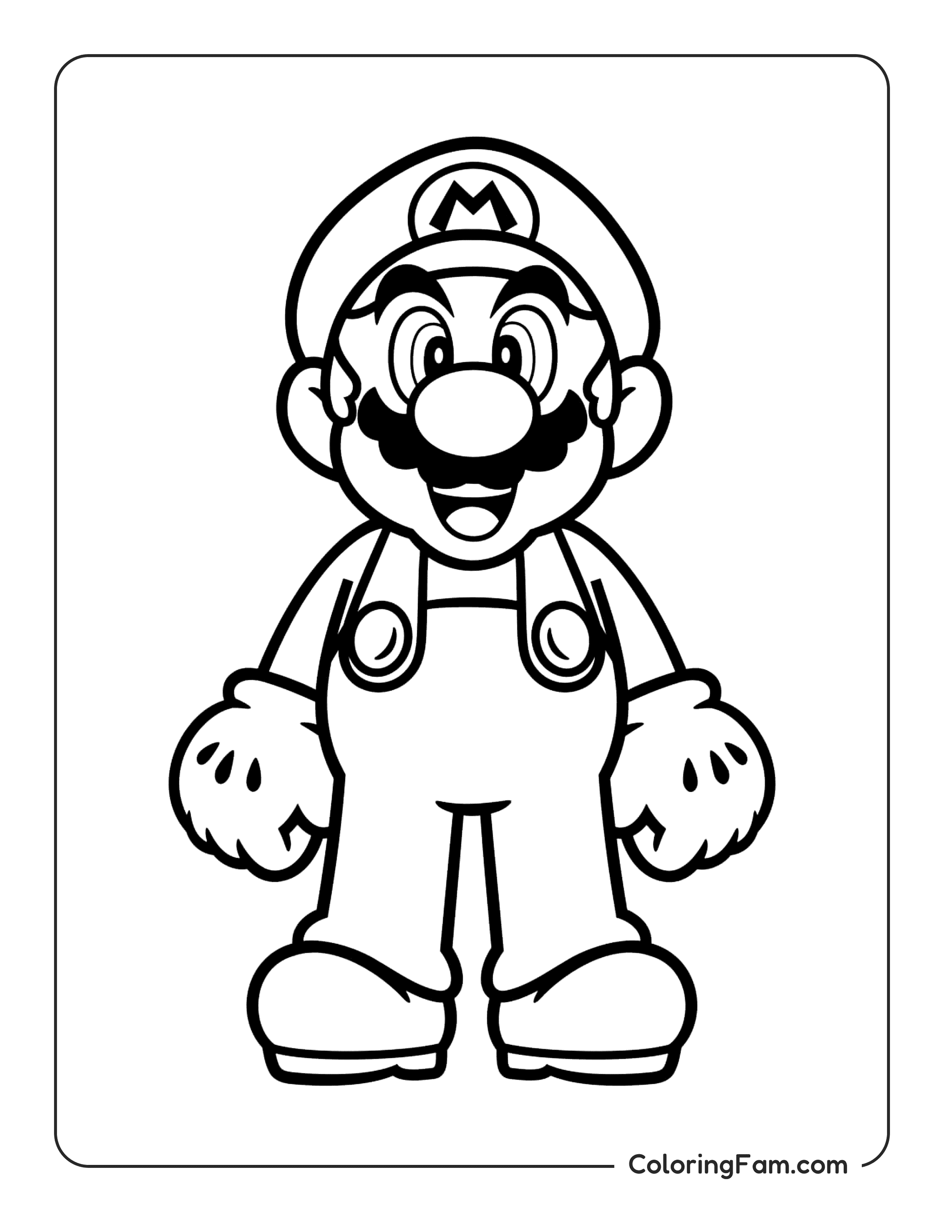 Mario standing and smiling widely coloring page