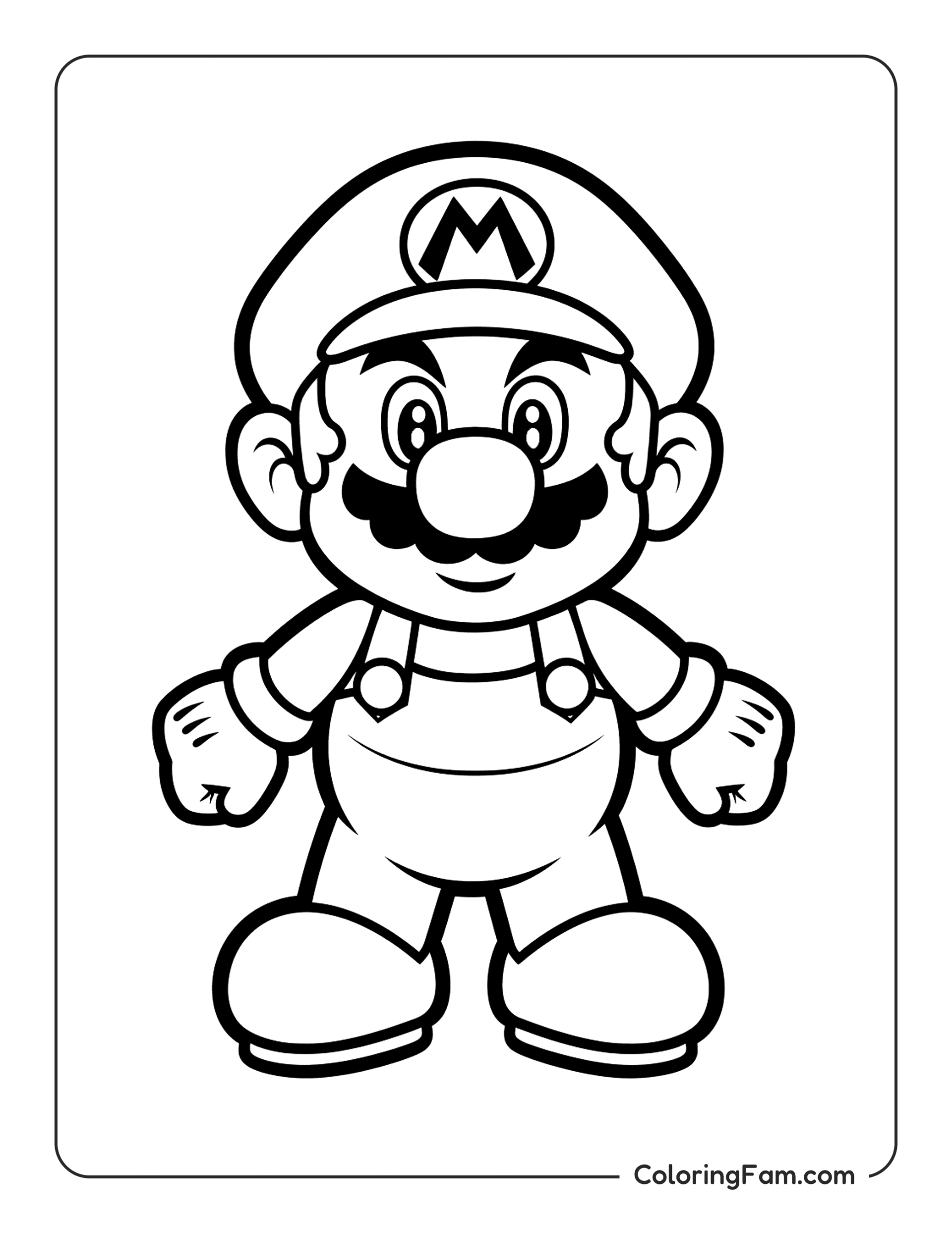 Mario standing with a firm look coloring page