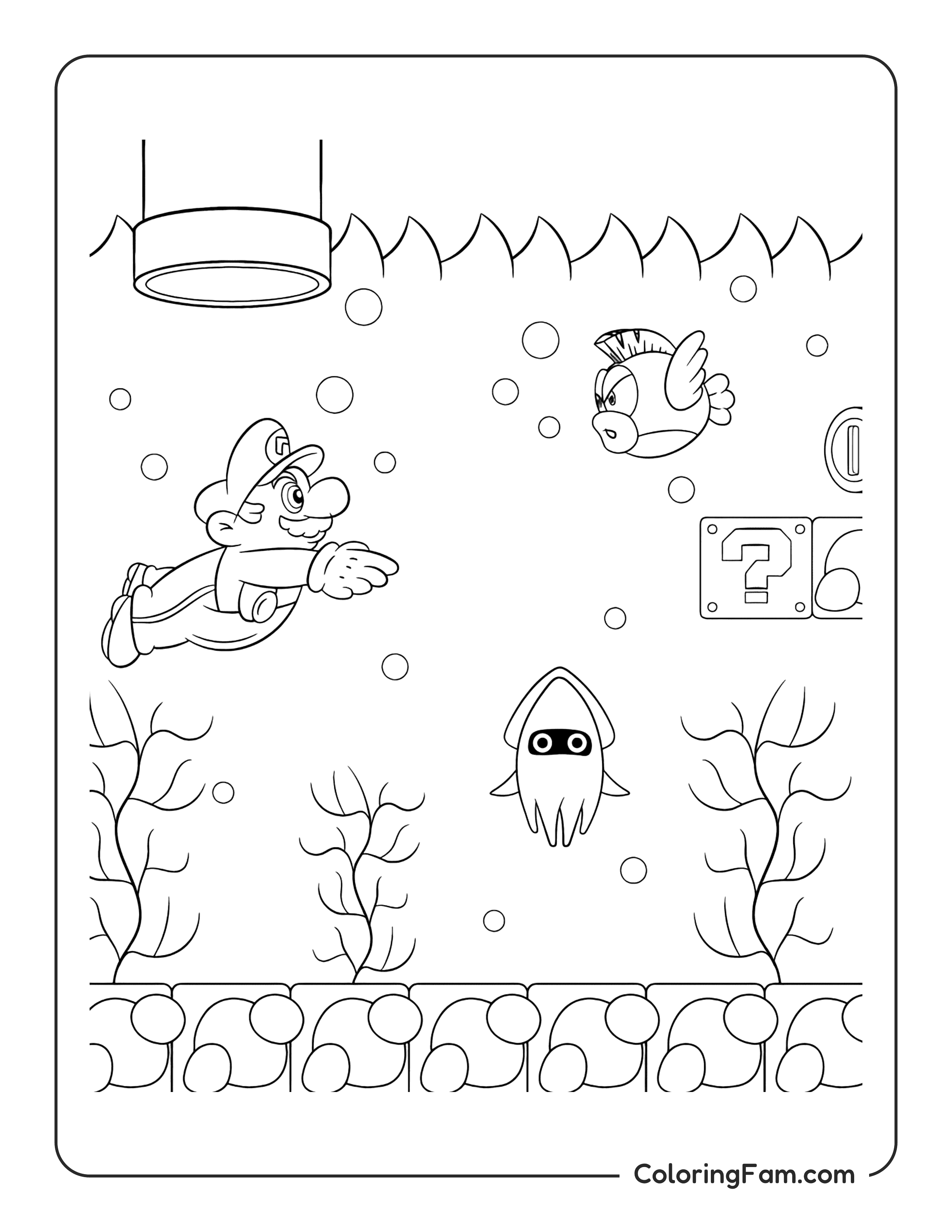 Mario swimming in an underwater level coloring page