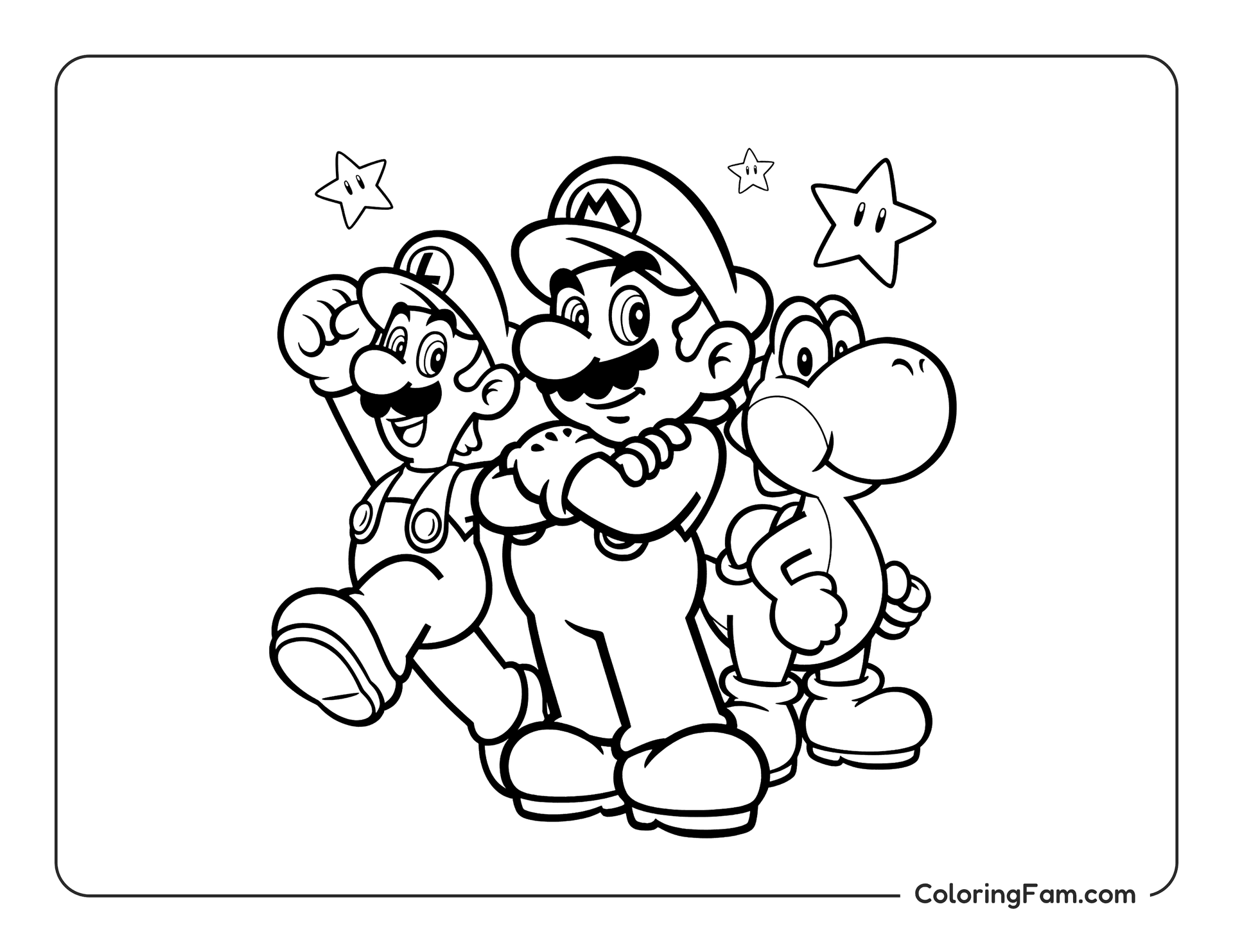 Mario, Luigi, and Yoshi posing coloring page